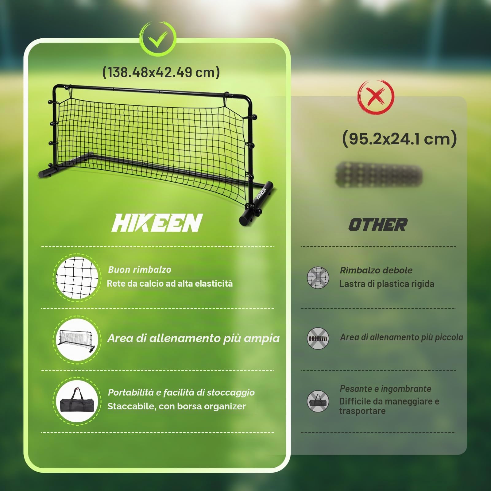 Hikeen Porta Calcio Portatile con Rimbalzo, Set Allenamento Facile da Montare per Esterno, Rete da Calcio con Effetto Rimbalzo per Tiri e Passaggi (138 x 55 cm)