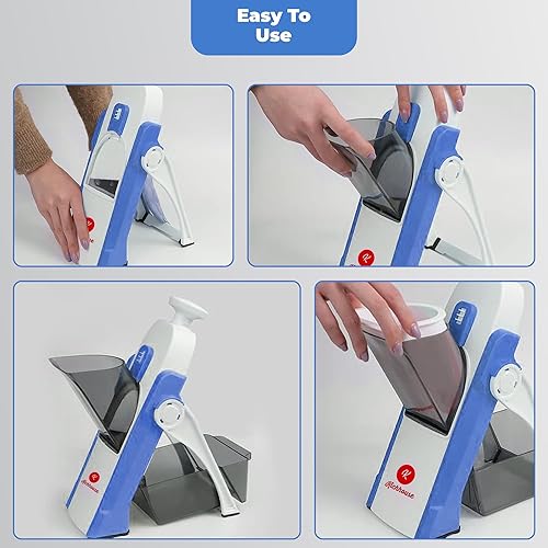 Miniatura 4 de Cortadora de mandolina segura, trituradora multifuncional de verduras con ajustador de grosor, más de 30 estilos de corte diferentes (azul)