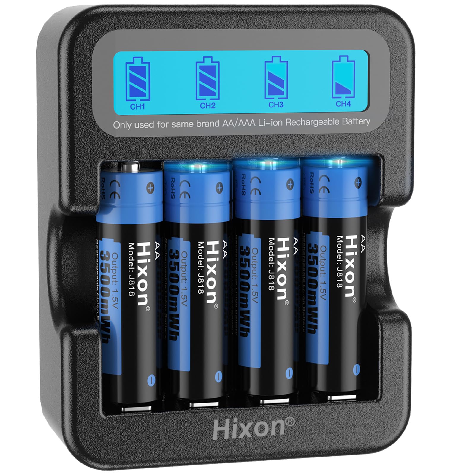 Hixon Rechargeable Batteries AA with LCD Charger,4x3500mWh AA Rechargeable Lithium Batteries,Constant 1.5V Output,1600Cycles,Fits for Blink Camera VR Gaming Controller ect.
