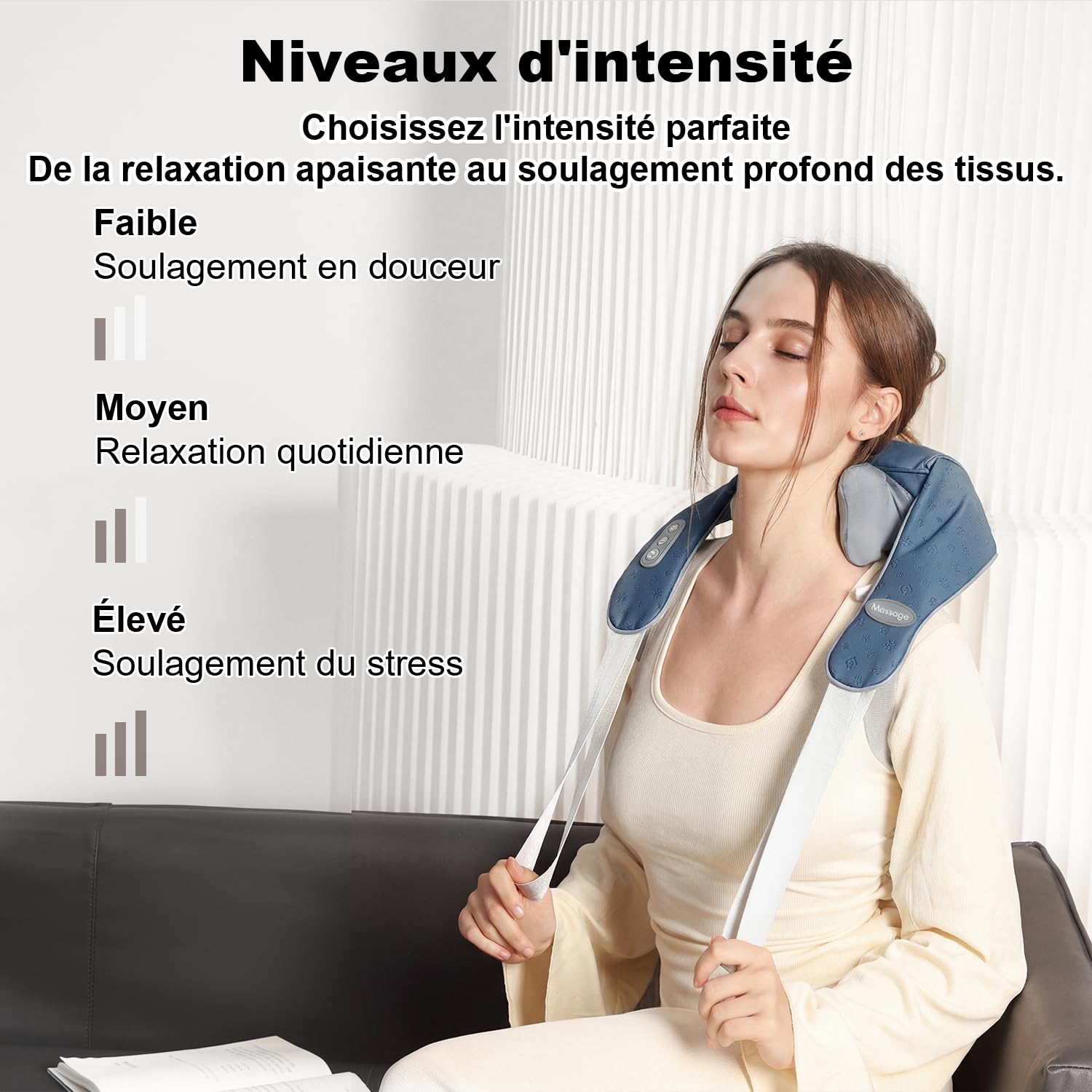 Masseur Nuque Dos Bleu avec Chaleur et 3 Vitesses, Pour Maison Bureau Voiture, Cadeau Original pour Femme Homme Parents