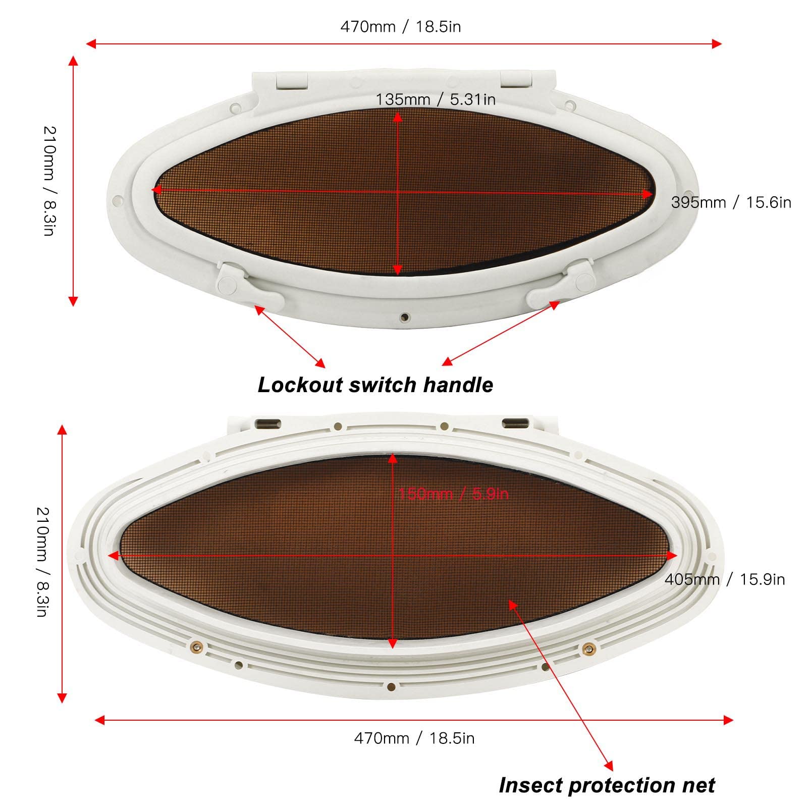 Omabeta Ovales Bullauge, 470 X 210 Mm, nach Innen öffnend | ABS, Edelstahl, gehärtetes Glas, wasserfeste Versiegelung, Fliegengitter, Marineluke, Boot, Yacht, Schiff, Wohnmobil