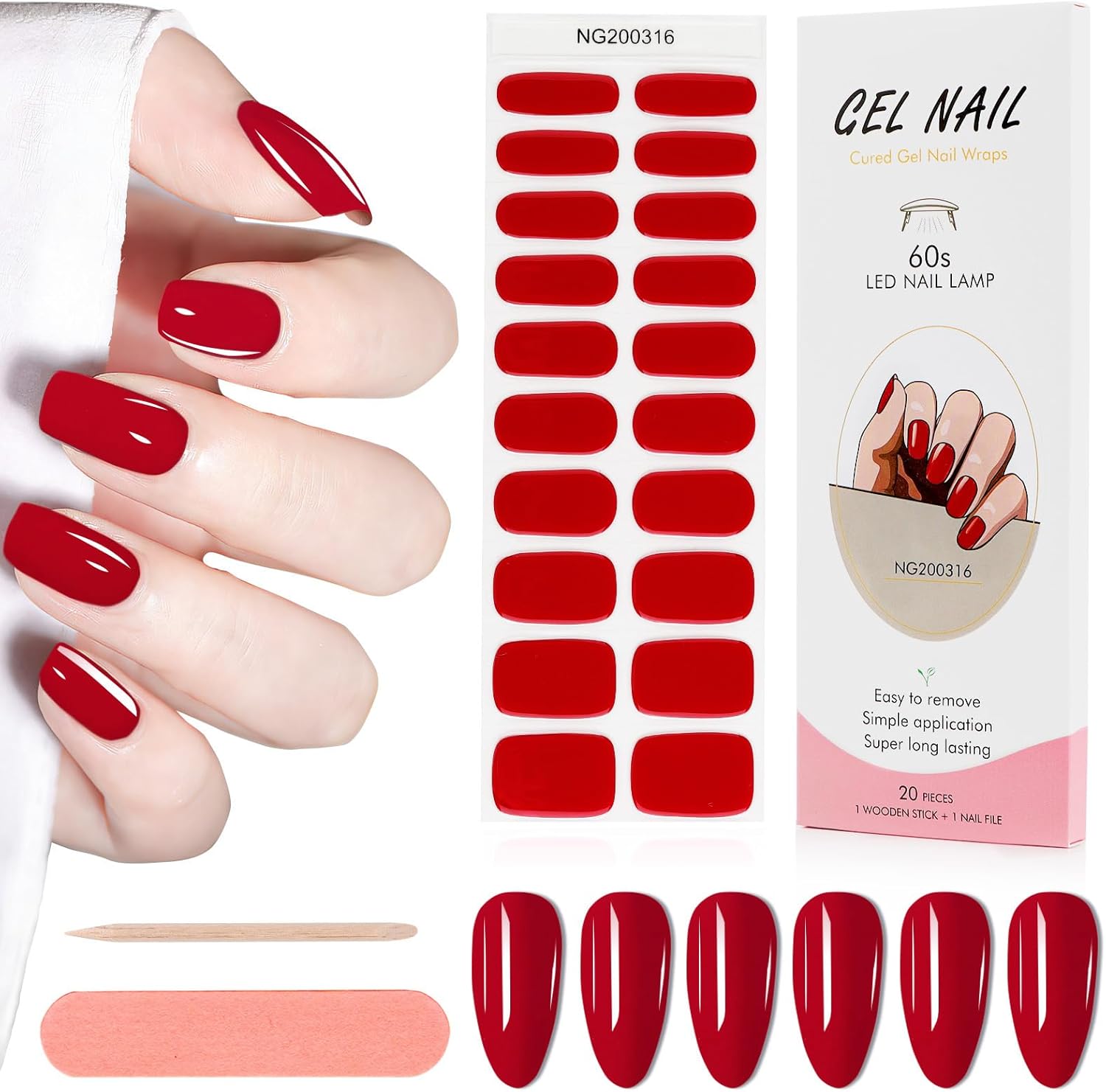 Kalolary 20PCS Nail Gel Polish Strips, Full Wraps Nail Polish Stickers Cured Gel Nail Strips Self Adhesive Gel Nail Wrap Stickers Decals With Nail File(UV/LED Lamp Required)