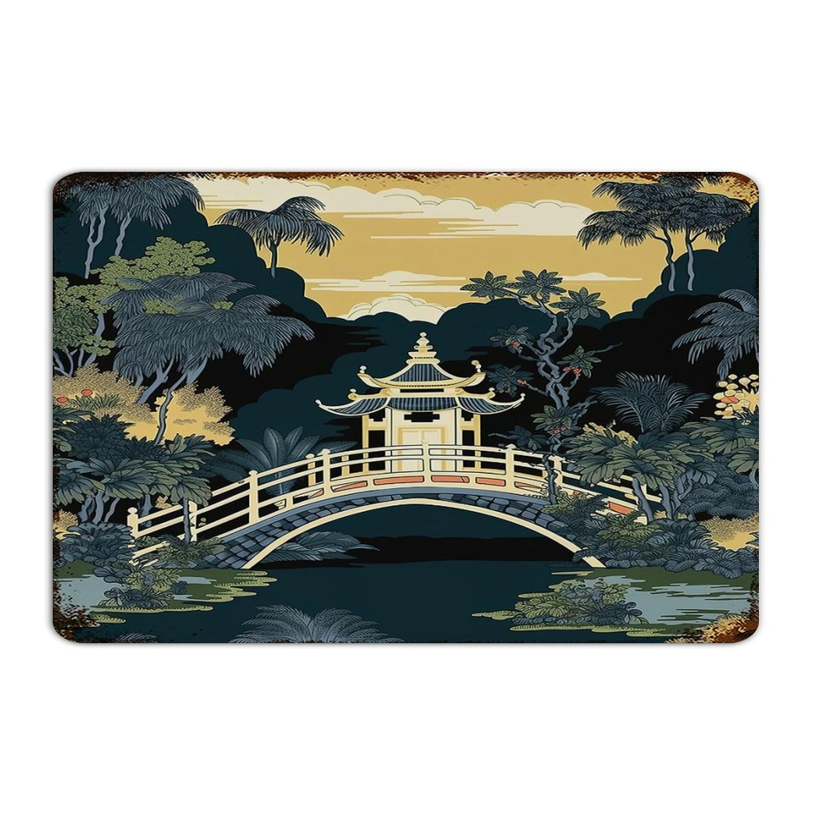 Panneau en métal blanc et bleu Chinoiserie de 30x45cm pour entrée et patio