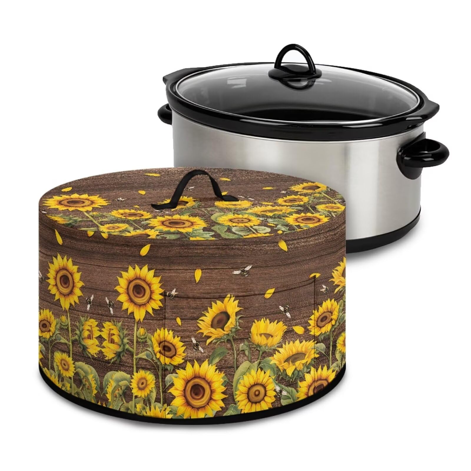 Uorisanigo Sunflower Wood Print Oval Slow Cooker Cover 6 7 8 Quart Small Crock for Pot Dust Cover with Storage Pocket Small Kitchen Appliance Covers Washable Home Decor Accessories