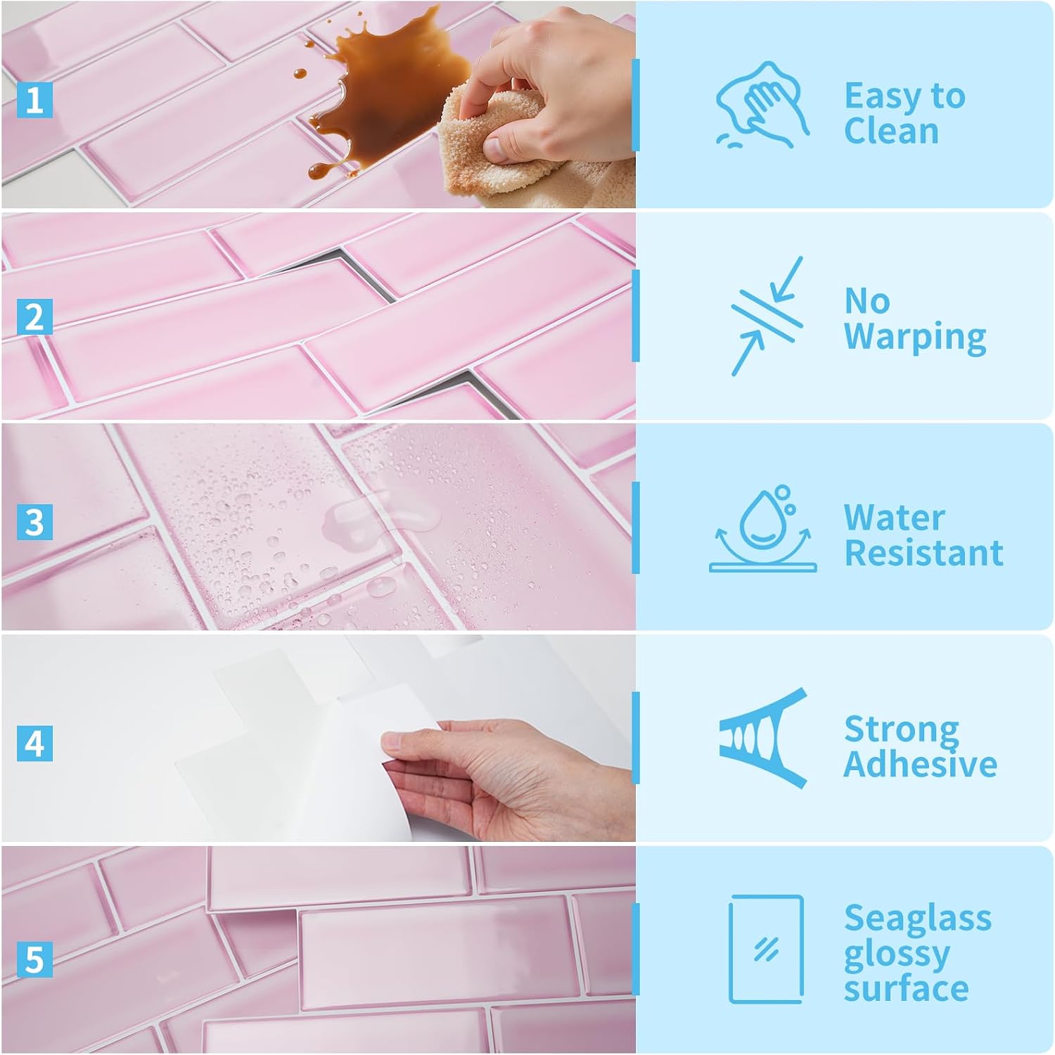 Art3d 10-Pack Heavy-Duty Peel and Stick Backsplash, 12 x 12 Inch Vinyl Seaglass Subway Design Stick on Wall Tile for Kitchen Living Room Home Decor, Pink