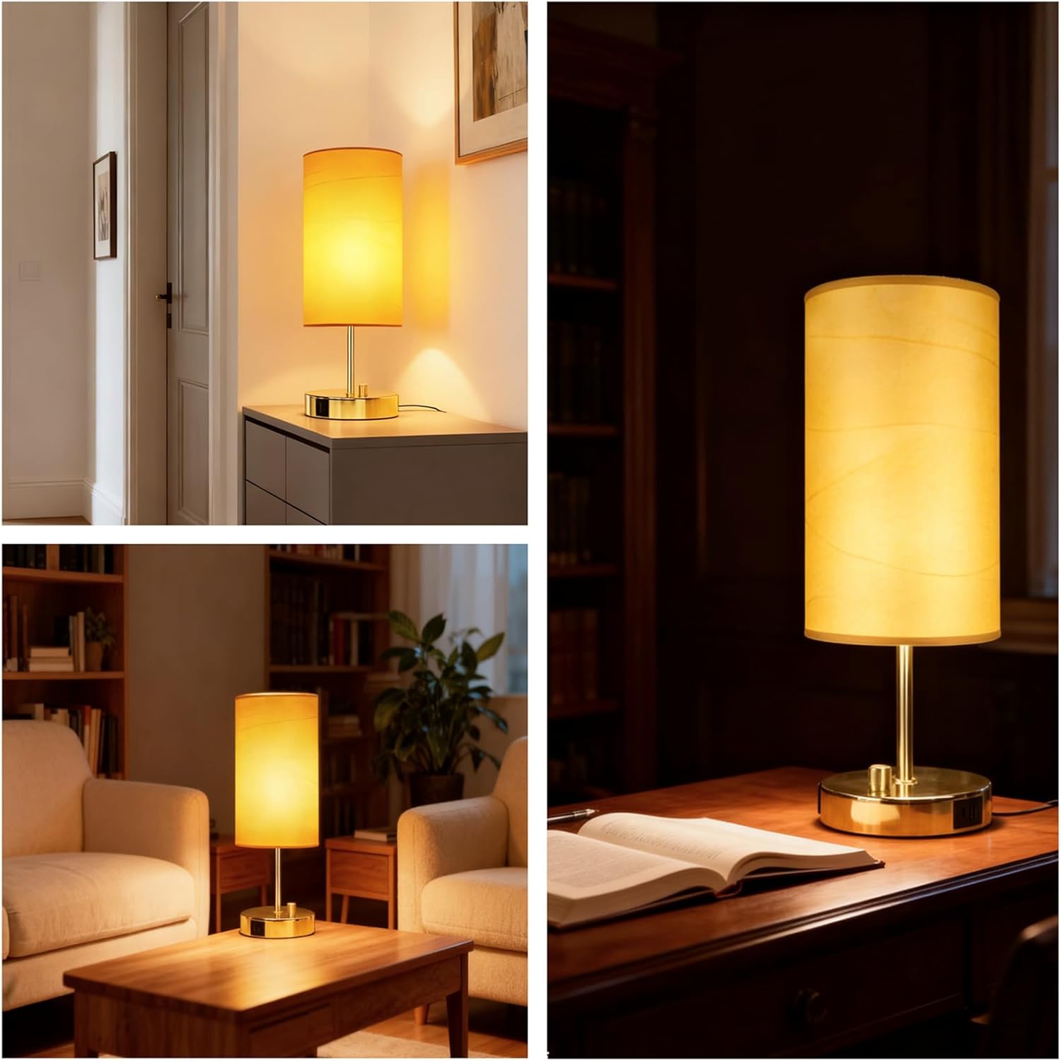 HiBay 17.75" Dimmable Bedside Table Lamp with Charging Station - 2 USB Ports & AC Outlet, Vintage Gold Nightstand Light with Parchment Shade for Bedroom Kids Room Dorm, Bulb Included