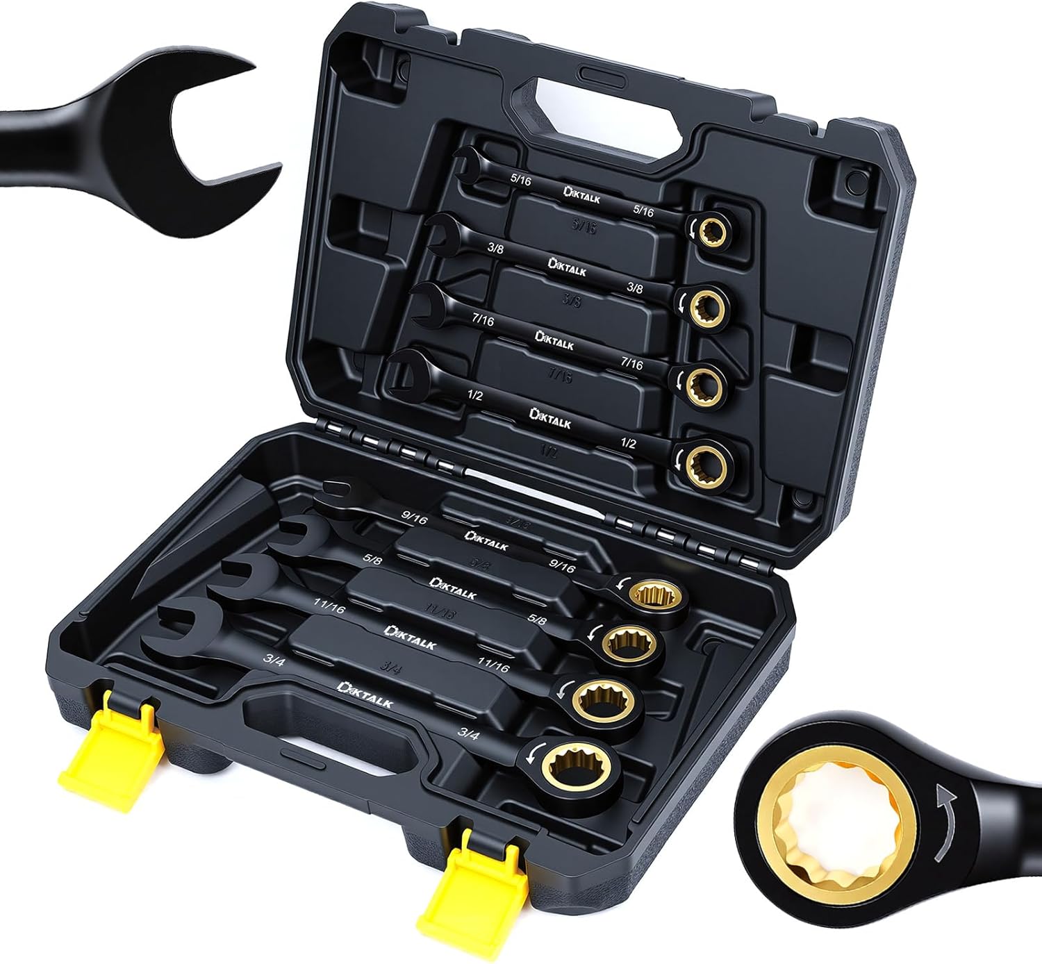 8-Piece SAE Ratcheting Wrench Set in Stylish Black & Gold, 72-Tooth CR-V Steel with Gift Box for Automotive Repair & Mechanics