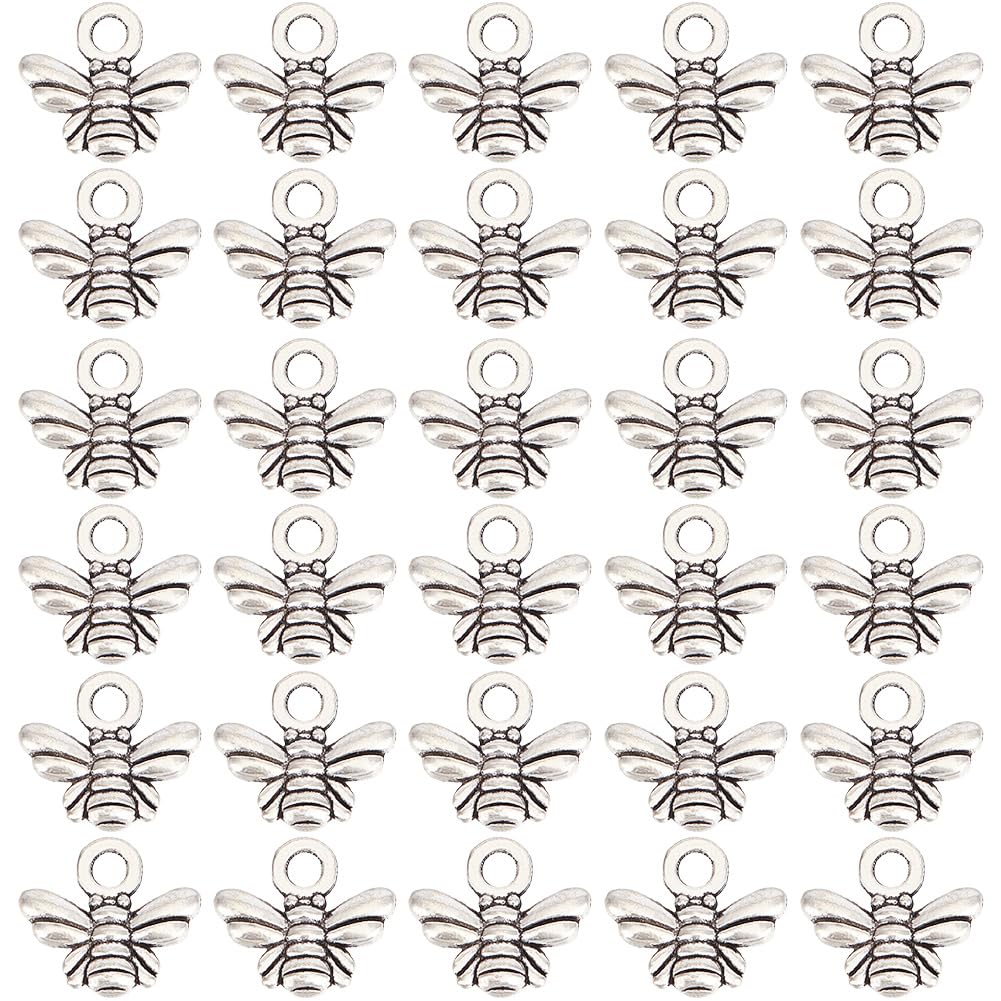 SUNNYCLUE 1 Box 200Pcs Silver Bee Charms Bulk Bees Charm Metal Alloy Tibetan Antique Cute Honeybee Style Animal Bumble Insect Charm for Jewellery Making Charms DIY Earring Ankle Keychain Necklace
