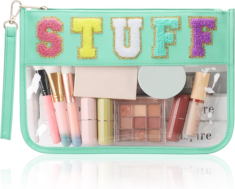 Necessaire transparente BuyCard com zíper, PVC e couro sintético, bordado chenille, verde, 1 unidade