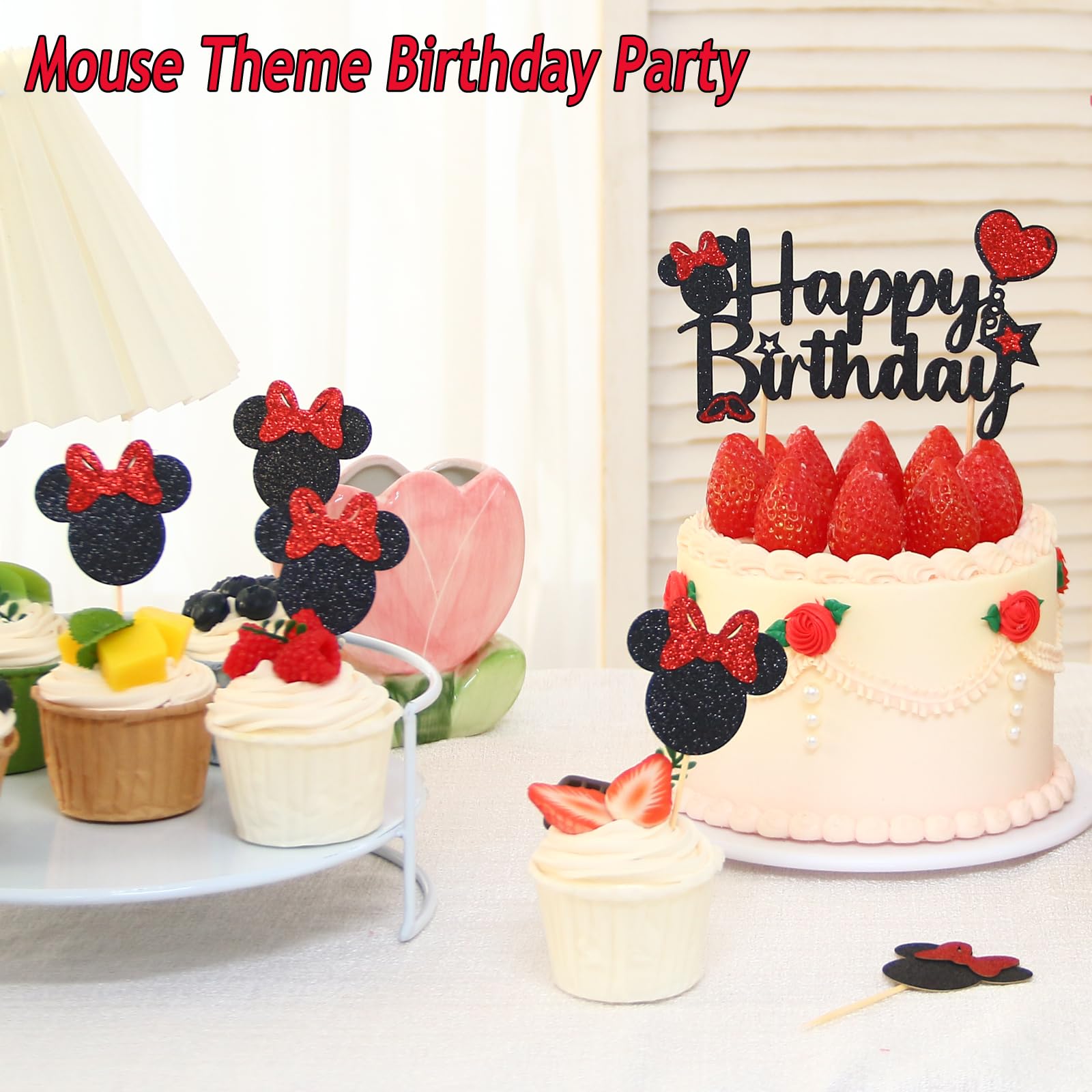 YCTHUNFISH 1 Lot De Décorations De Gâteau D'anniversaire Avec Motif Souris « Happy Birthday » - Gants Blancs à Paillettes - Pour Fête Prénatale, Fête D 'anniversaire D'enfants - Rouge