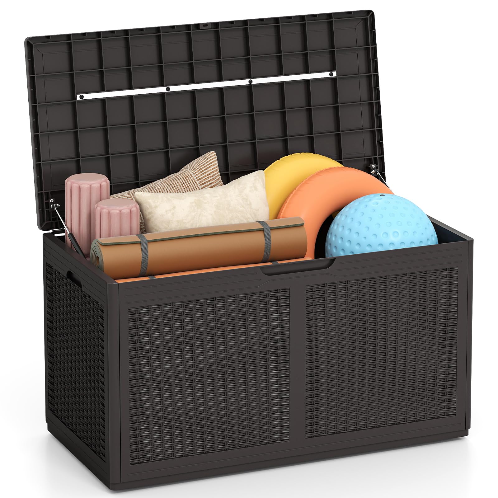 GIANTEX Coffre de Jardin Extérieur 380 L PP, Coffre de Rangement Étanche avec Couvercle, 2 Roulettes, Marron