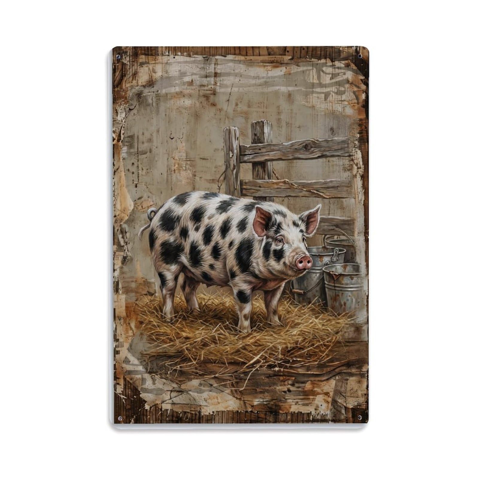 Spotted Pig Farm Barn Animal Straw Vintage Metal Tin Sign Plaque Wall Decor for Cafe, Club, Garden Metal Poster 8x12Inch