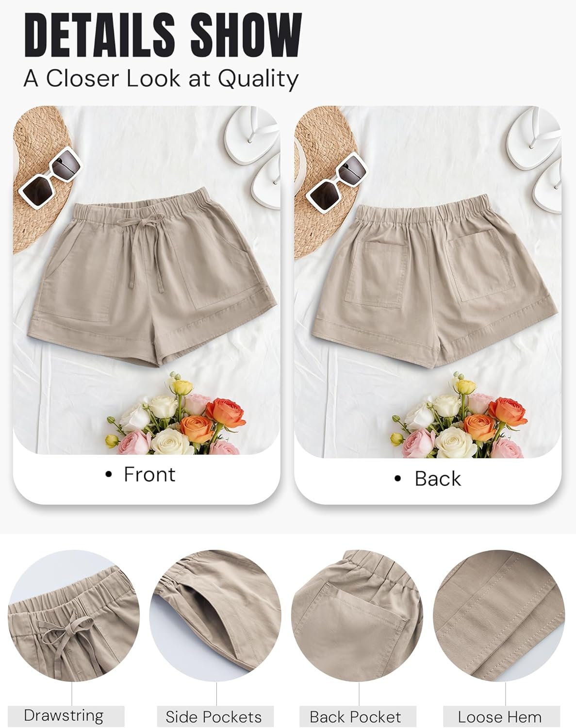 Womens Drawstring Shorts Elastic Waist Shorts Casual Summer Beach Cotton Short Pants with Pockets