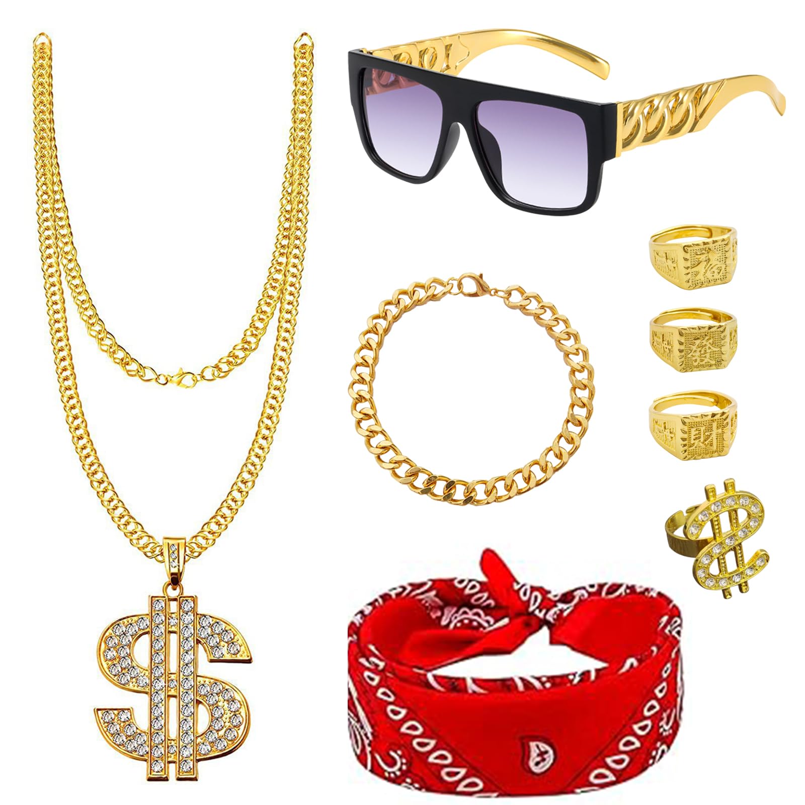 8 Pieces Hip Hop Costume Accessories, 80s 90s Costume Set for Men, Hip-Hop Scarf Sunglasses Dollar Symbol for Carnival Rapper Disco Costumes