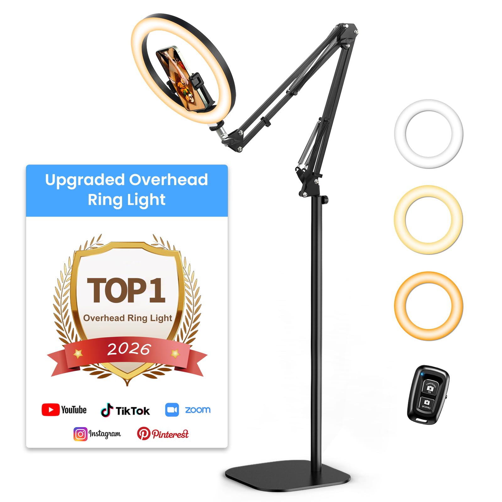 Latest Ring Light with Stand Overhead Phone Camera Mount Holder, Evershop 10" Ring Light Tripod for iPhone with Remote Control, Selfie Light Phone Stand for Video Recording, Streaming, TikTok, YouTube