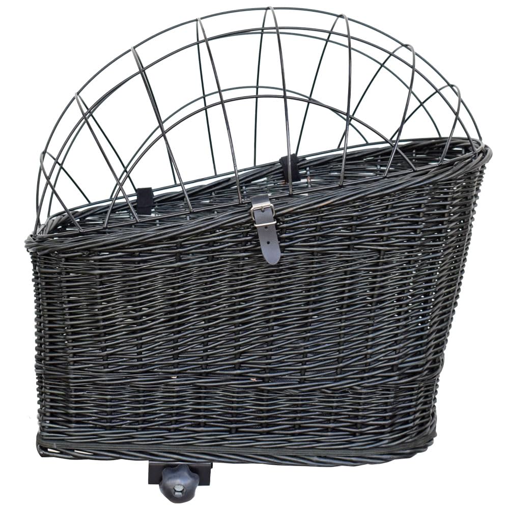 Fahrradkorb für Hunde – mit Gitterhaube, Befestigung für Gepäckträger, herausnehmbarem Kissen – aus Weide – Hundekorb Fahrrad 60×39×50 cm (SCHWARZ)