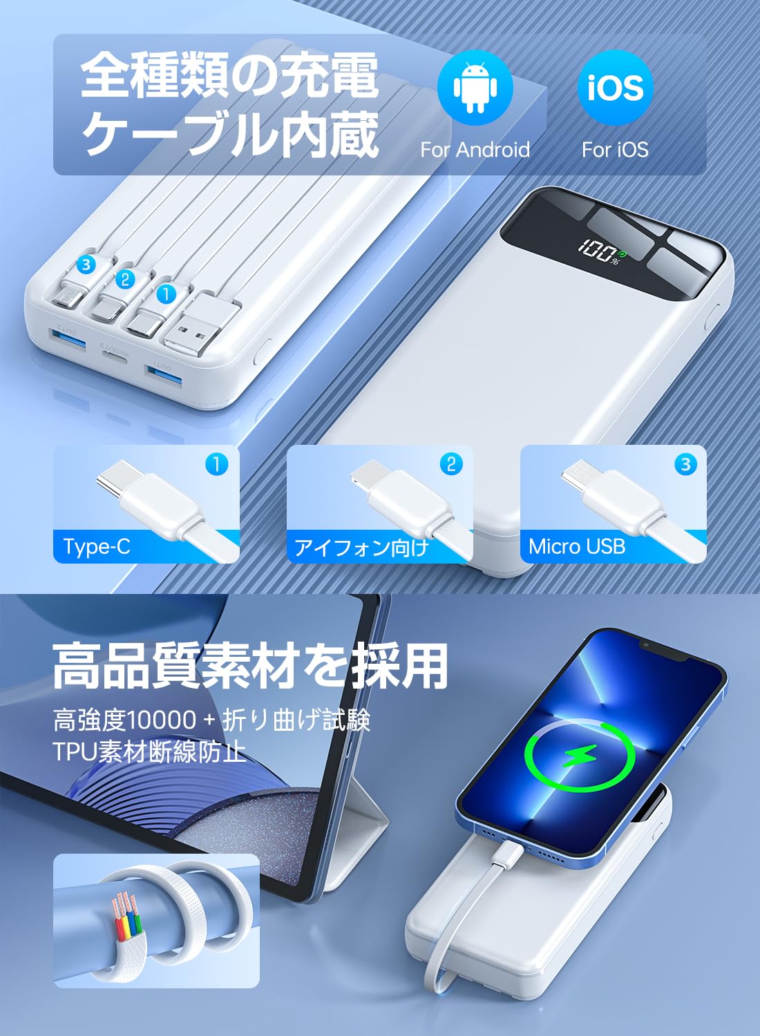 Amazon | Ciunedr【4つのケーブル内蔵・56800mAh大容量】モバイル