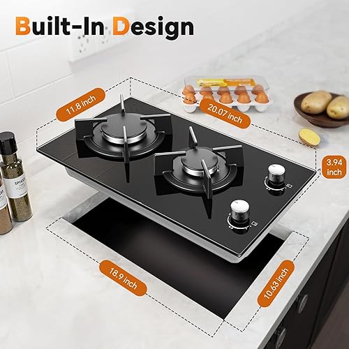Miniatura 6 de Estufa de gas de 2 quemadores, placa de propano de 12 pulgadas, estufa de gas integrada de vidrio templado negro con protección de termopar, placa