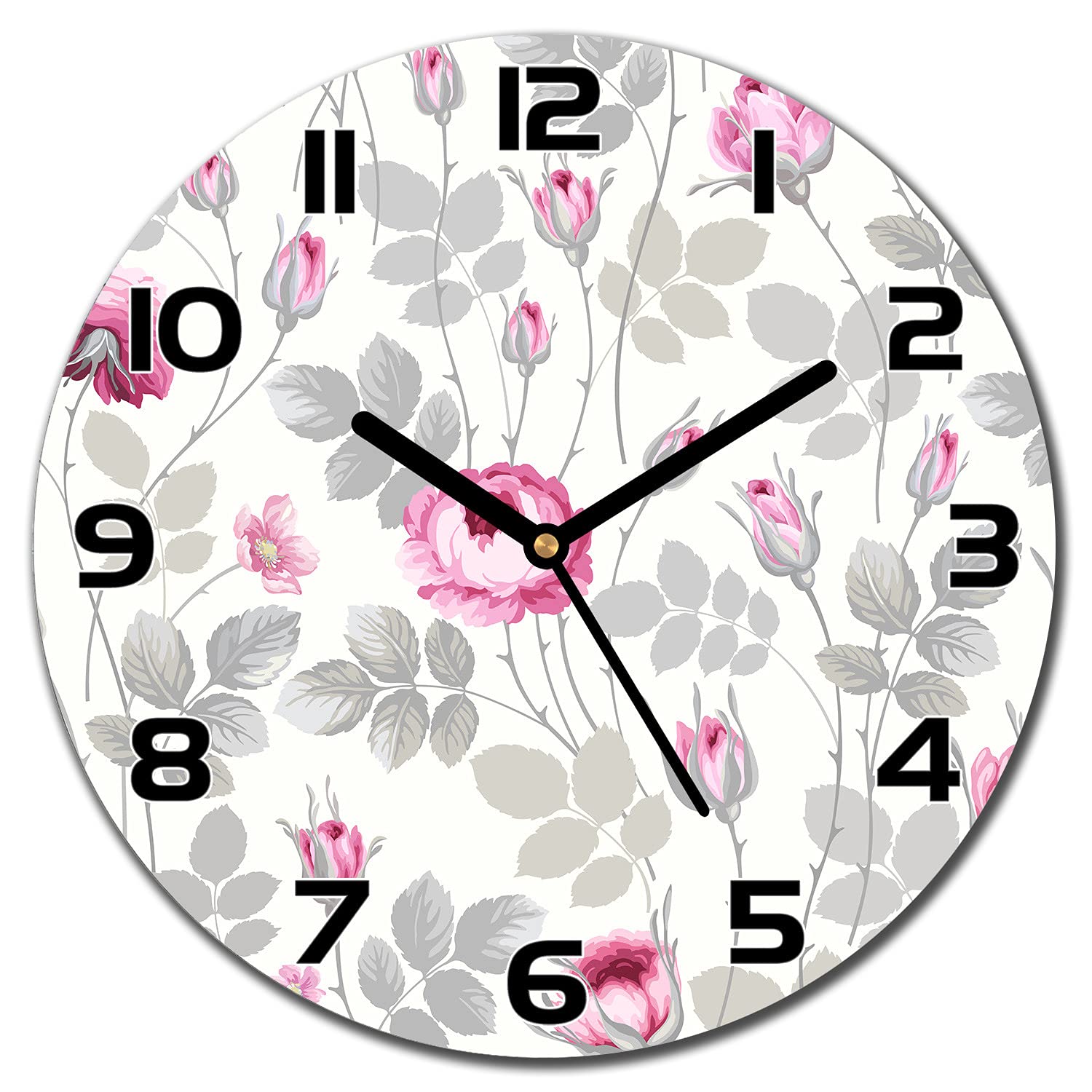 Horloge murale cuisine salon verre fleurs roses pastel 30cm