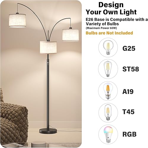 Miniatura 4 de SUNMORY Lámpara de pie de 3 luces para sala de estar, lámpara de pie de 78 pulgadas de alto con pantalla de tambor colgante, lámparas de pie de arco
