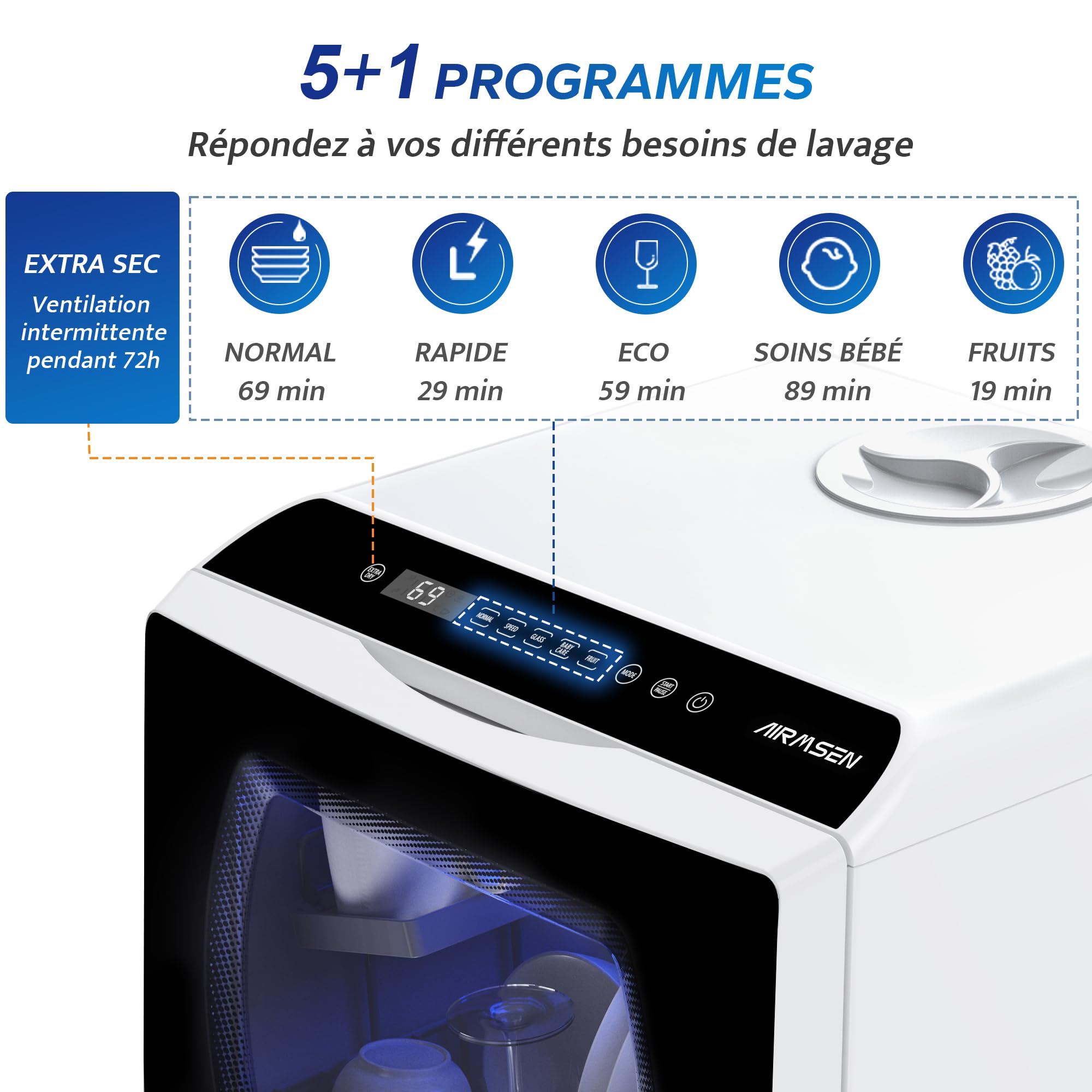 AIRMSEN Mini Lave-Vaisselle de Comptoir, 5+1 Programmes, Réservoir 5L, Contrôle Tactile, Écran LED, Blanc et Noir