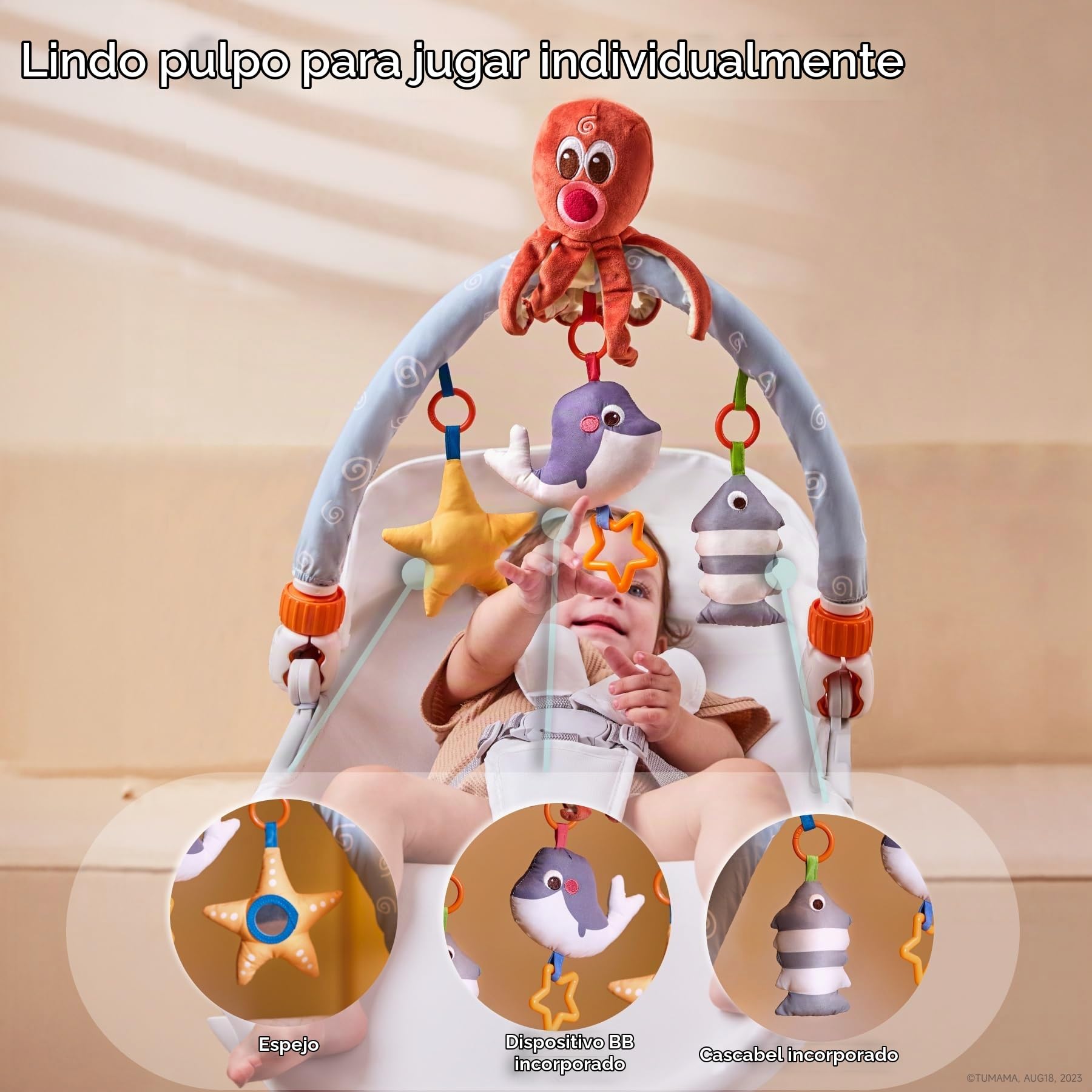 TUMAMA Arco Juguete Bebes 0-3 Meses,Cochecito Asiento de Coche Colgante Juguetes,Peluche Pulpo Juguetes Recién Nacido Regalo 0 3 6 9 12 Meses,Arco de Viaje con 3 Juguetes Sensoriales Colgantes