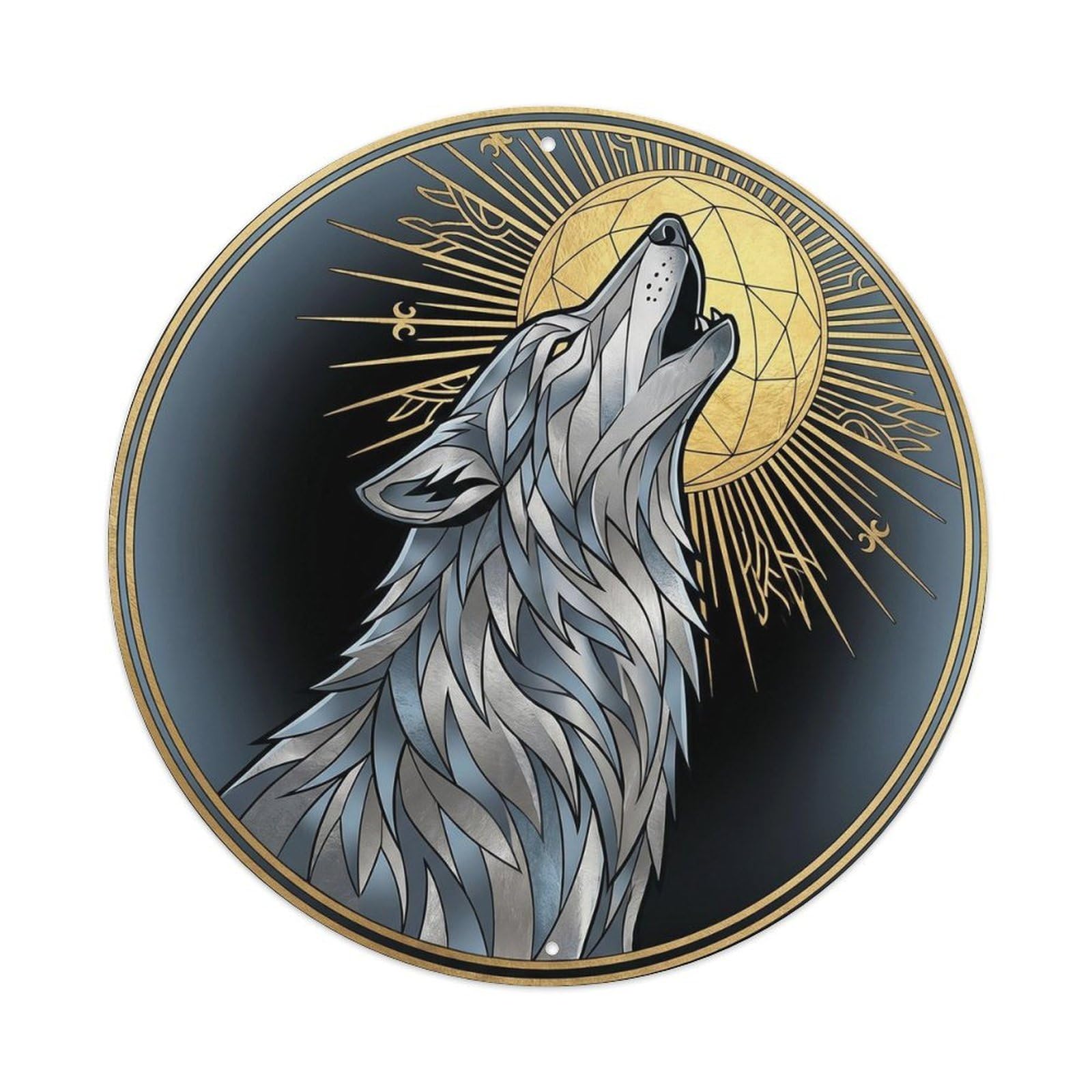 Wolf Wildlife Deco Style Howling Moon Forest Animal Night Metal Tin Sign Plaque Wall Decor for Cafe, Man Cave, Club Bar, Office, Home Garden Round Metal Poster 8x8Inch