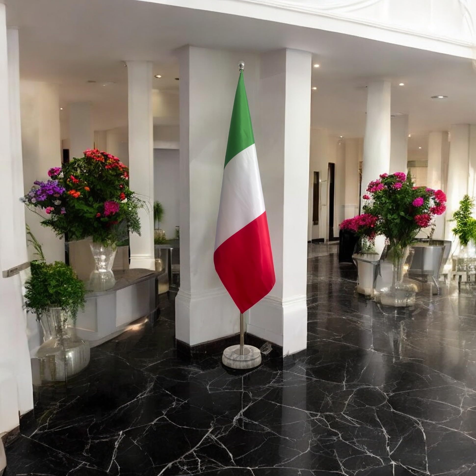 CN11-IT ITALIEN-Flagge Komplett-Set mit Fahnenmast und Fuß aus weißem Marmor, Edelstahlmast (Silber glänzend), Höhe max. 3,0 m
