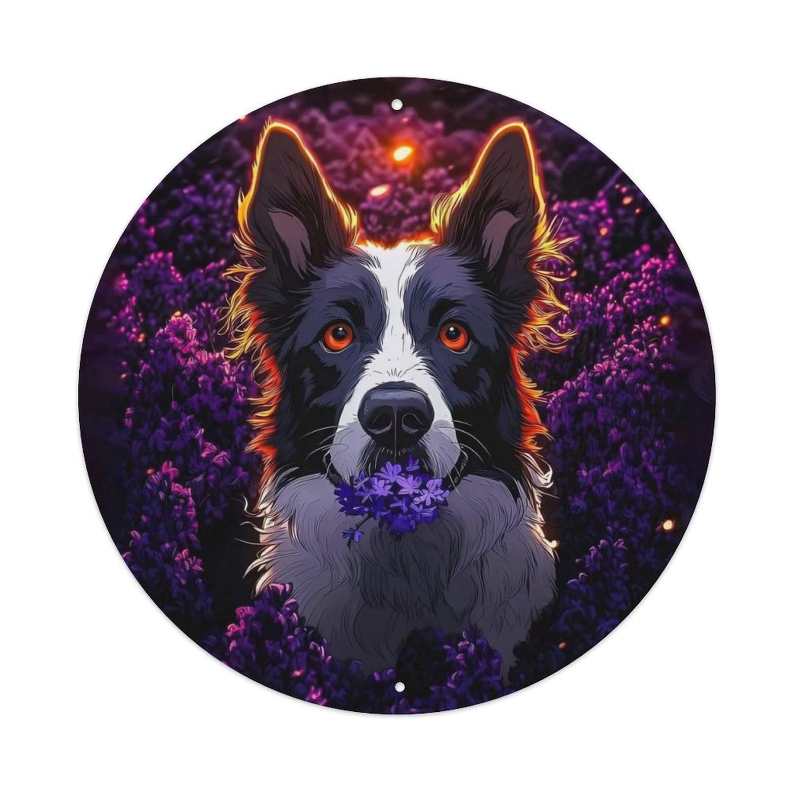 Animal Border Collie Fantasy Floral Glowing Neon Lights Vintage Metal Tin Sign Plaque Wall Decor for Cafe, Club Bar, Office, Garden Metal Poster 8x8Inch