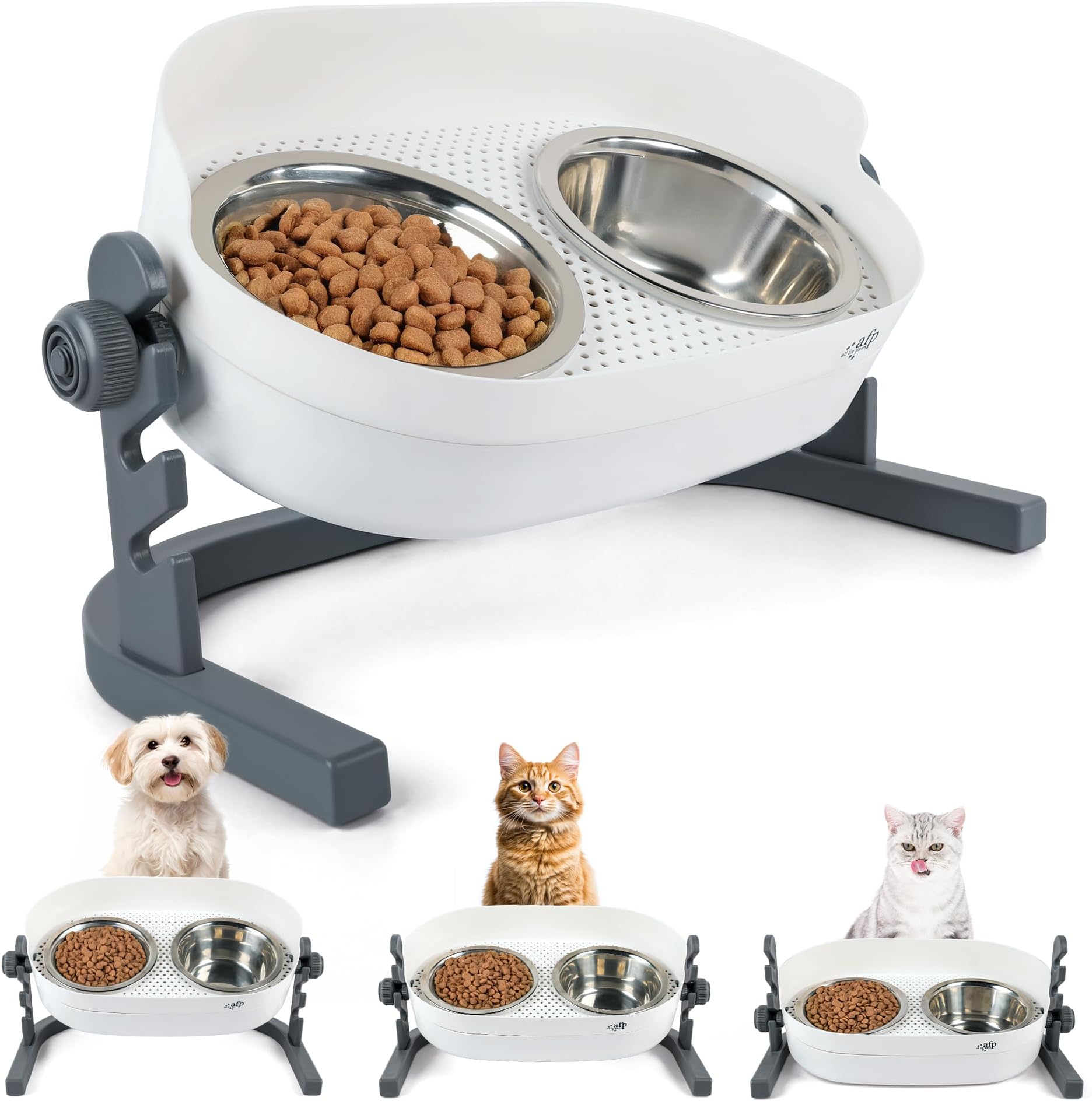 ALL FOR PAWS Raised Cat Bowl 3 Heights Adjustable, Elevated Double Bowls with 2x750ML Stainless Steel Dishes, Cat Feeding Station for Small Medium Large Cats & Small Dog, Non-Slip (56x30x20CM)