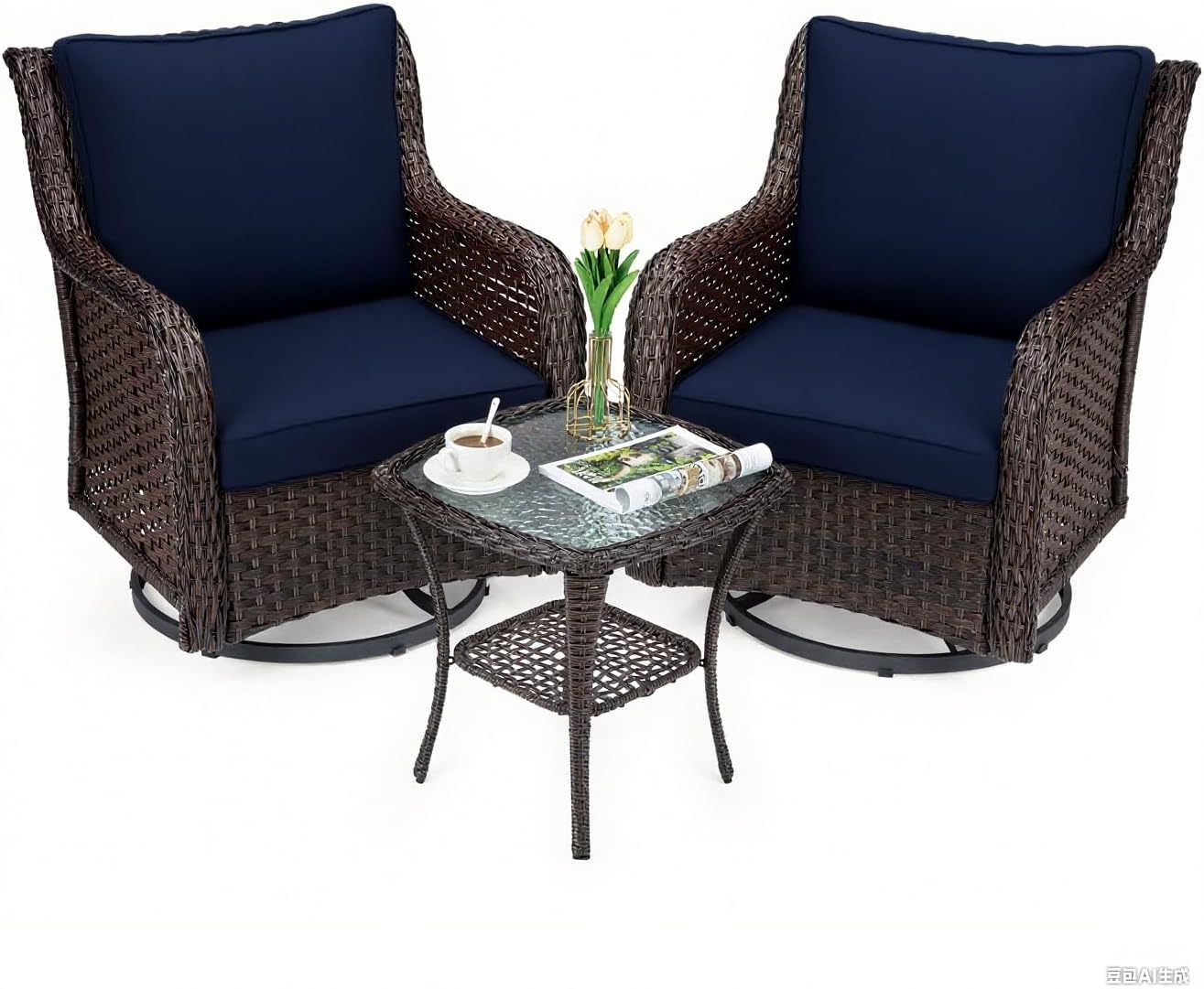 Outdoor Swivel Wicker Glider Patio Chairs with Table Set, 3 Pieces Outdoor Bistro Set with 4”Thick Cushions and Coffee Table for Porch, Balcony, Deck (Blue)