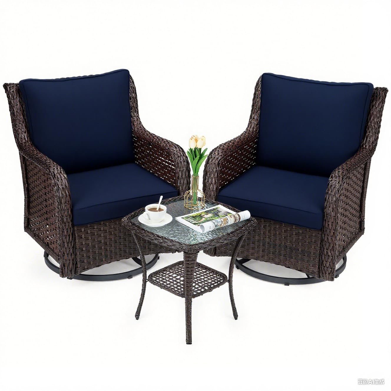 Photo 1 of **UNTESTED**
MERXENG Outdoor Swivel Wicker Glider Patio Chairs with Table Set, 3 Pieces Outdoor Bistro Set with 4”Thick Cushions and Coffee Table for Porch, Balcony, Deck (Blue)