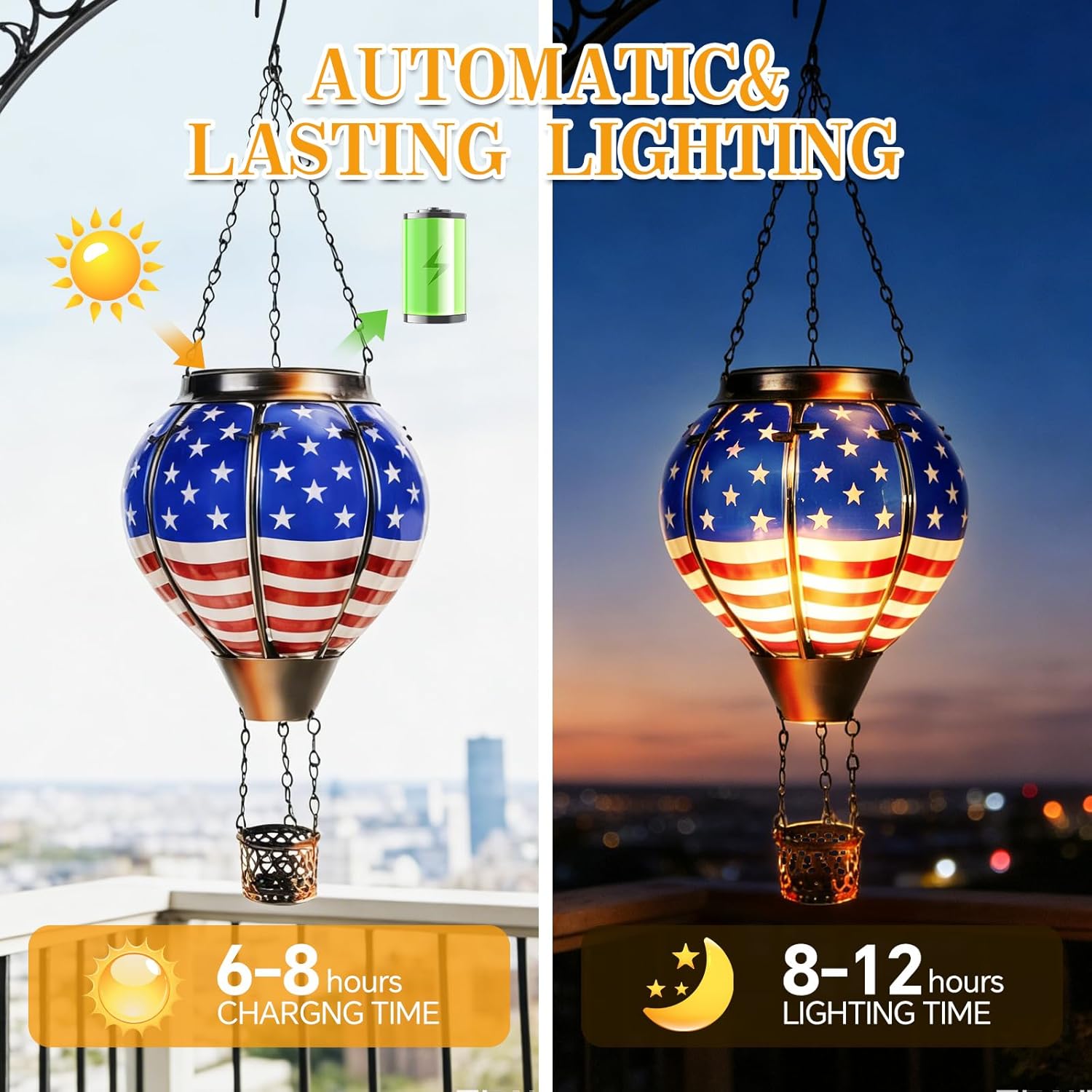 Solar Hanging Lantern Outdoor Waterproof, American Flag Hot Air Balloon Solar Lantern with Flickering Flame, Patriotic Garden Decor for Yard, Patio, Porch, Memorial Day & 4th of July