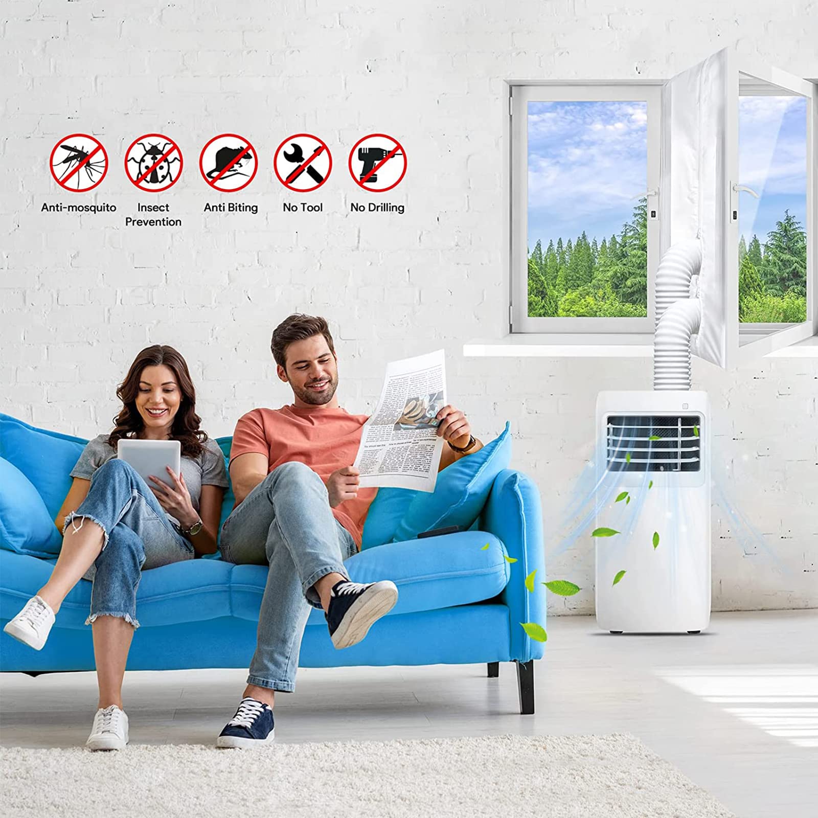 Flow fire Uszczelka okienna 400 cm do przenośnego klimatyzatora i suszarki bębnowej – pasuje do każdej mobilnej klimatyzacji, łatwa w instalacji – osłony wymiany powietrza z zamkiem błyskawicznym i taśmą haczykową