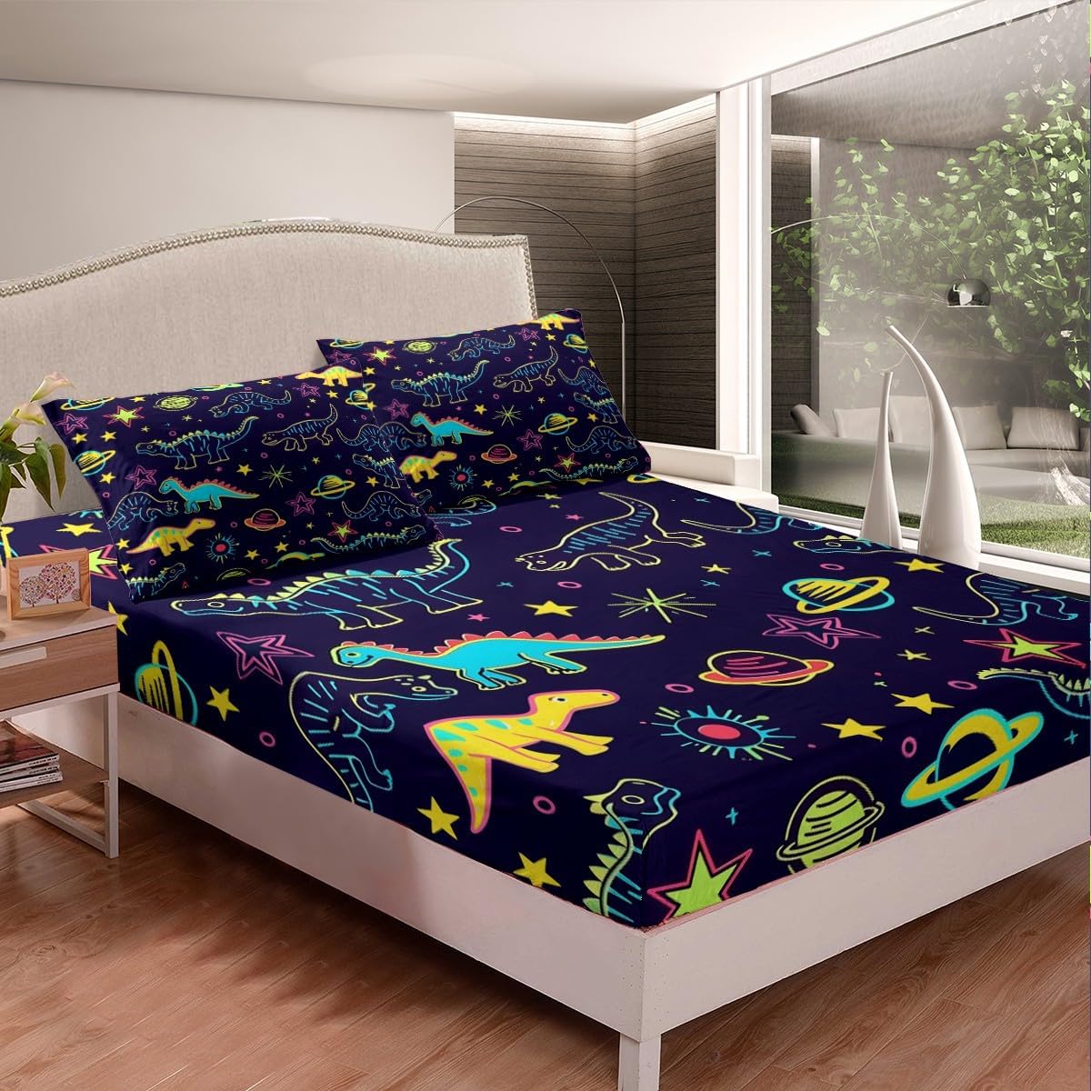 Universe Dinosaur Fitted Sheet Queen,Neon Dino Panet Graffiti Bed Sheet 3 Pieces(No Flat Sheet),Watercolor Starry Galaxy Bedding Set for Kids Adults,Cartoon Animals Deep Pocket Sheet Room Decor