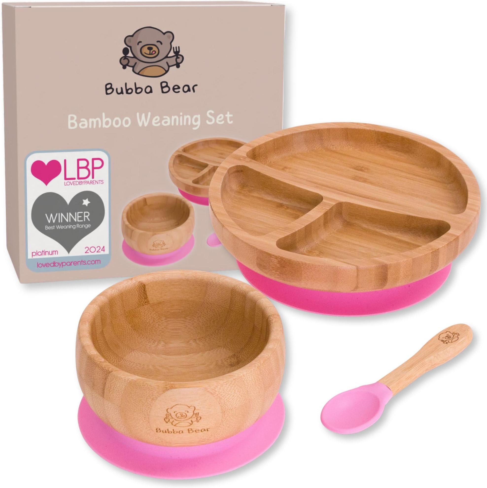 Baby Weaning Set | Bamboo Plates, Bowls & Spoons for Toddler Led Feeding | Suction Plate, Bowl & Spoon Sets for Babies from 6 Months | Optional Matching Kids BLW Bib (Pink)