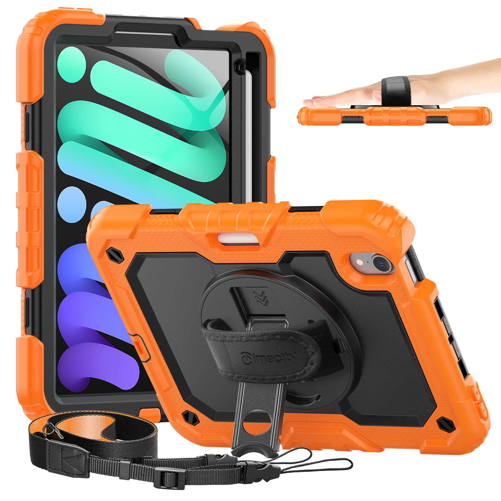 Timecity iPad Mini7/6 (A17 Pro) 8.3インチ 専用ケース 耐衝撃 2021/2024モデル ハンドグリップ/ショルダーストラップ付き 横置き/縦置き 360度回転スタンド ペン収納 工事現場 画面フィルム 防塵 傷防止 頑丈 全面保護カバー オレンジ（適格請求書発行可能）
