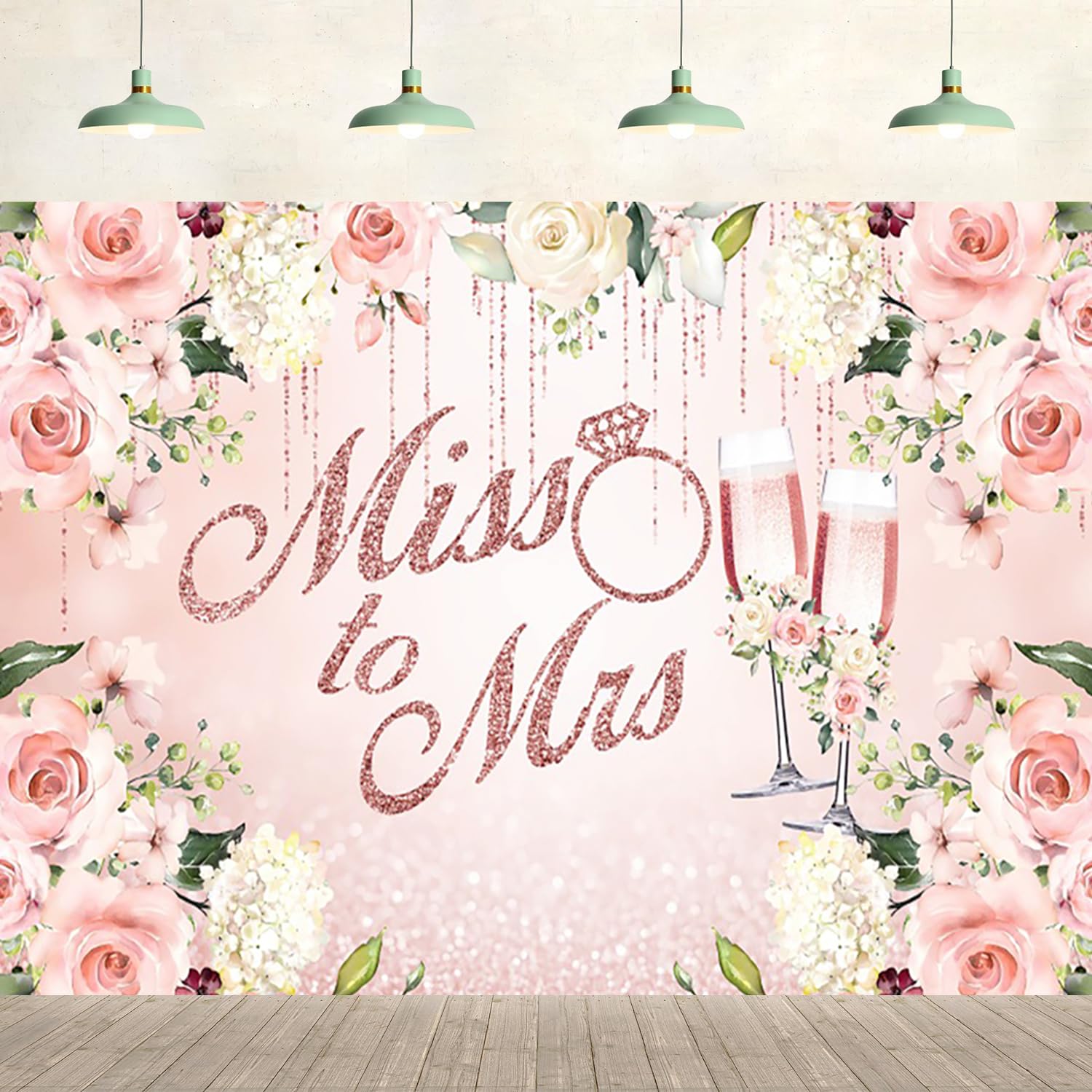 7x5ft Wedding Backdrop Miss to Mrs Pink Flowers Diamond Ring Bridal Champagne Background Wedding Party Supplies Engagement Glitter Spots Wall Banner