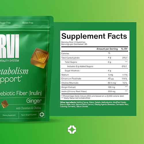 Miniatura 9 de URVI Gomitas de suplemento para el metabolismo  Picolinato de cromo, colina, fibra prebiótica inulina y extracto de jengibre de alta potencia  Apoya