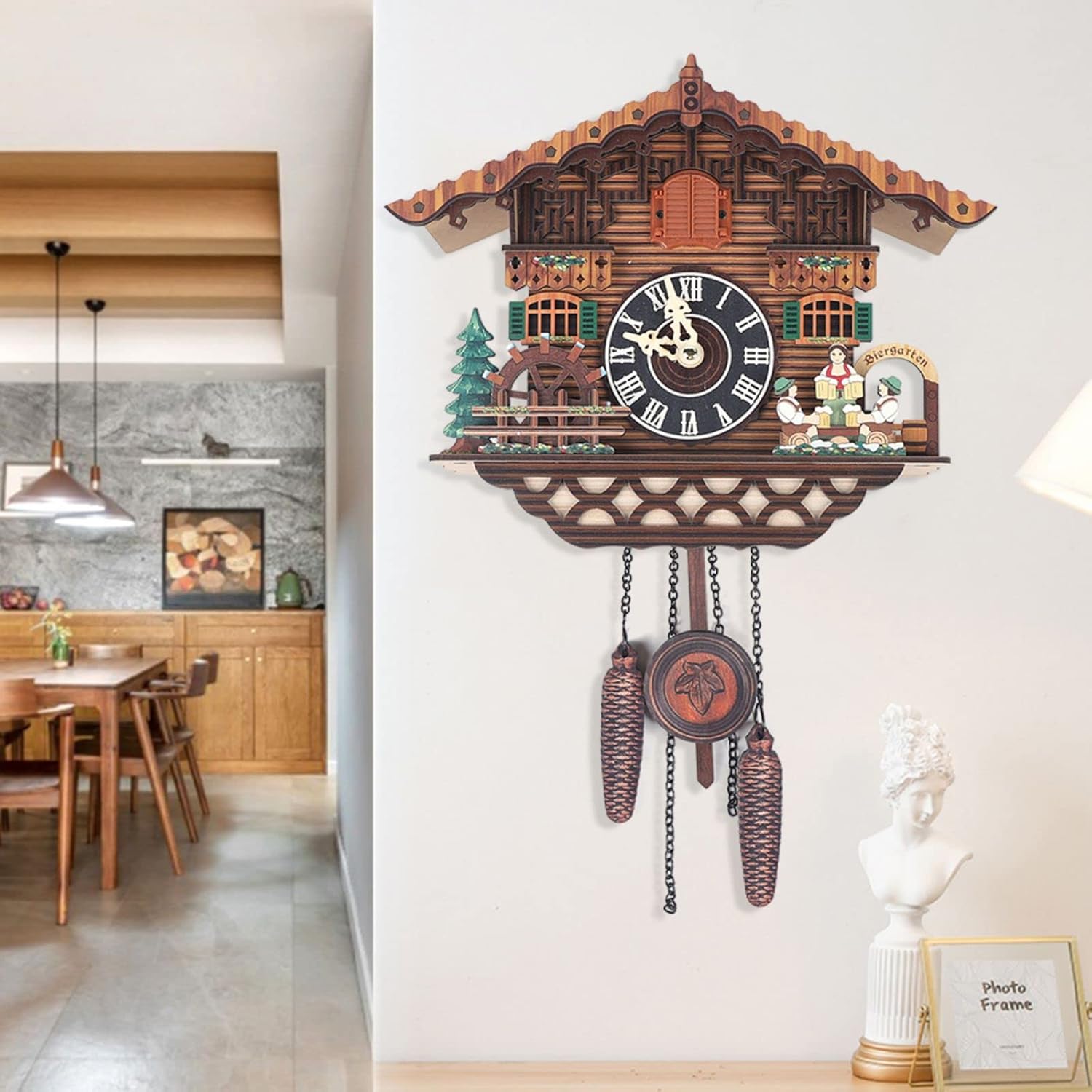 Eapmic Quartz Clock Traditional Chalet Black Forest House Clock Antique Handcrafted Wooden Pendulum Swing Wall Clock for Home Decor (Style 2)