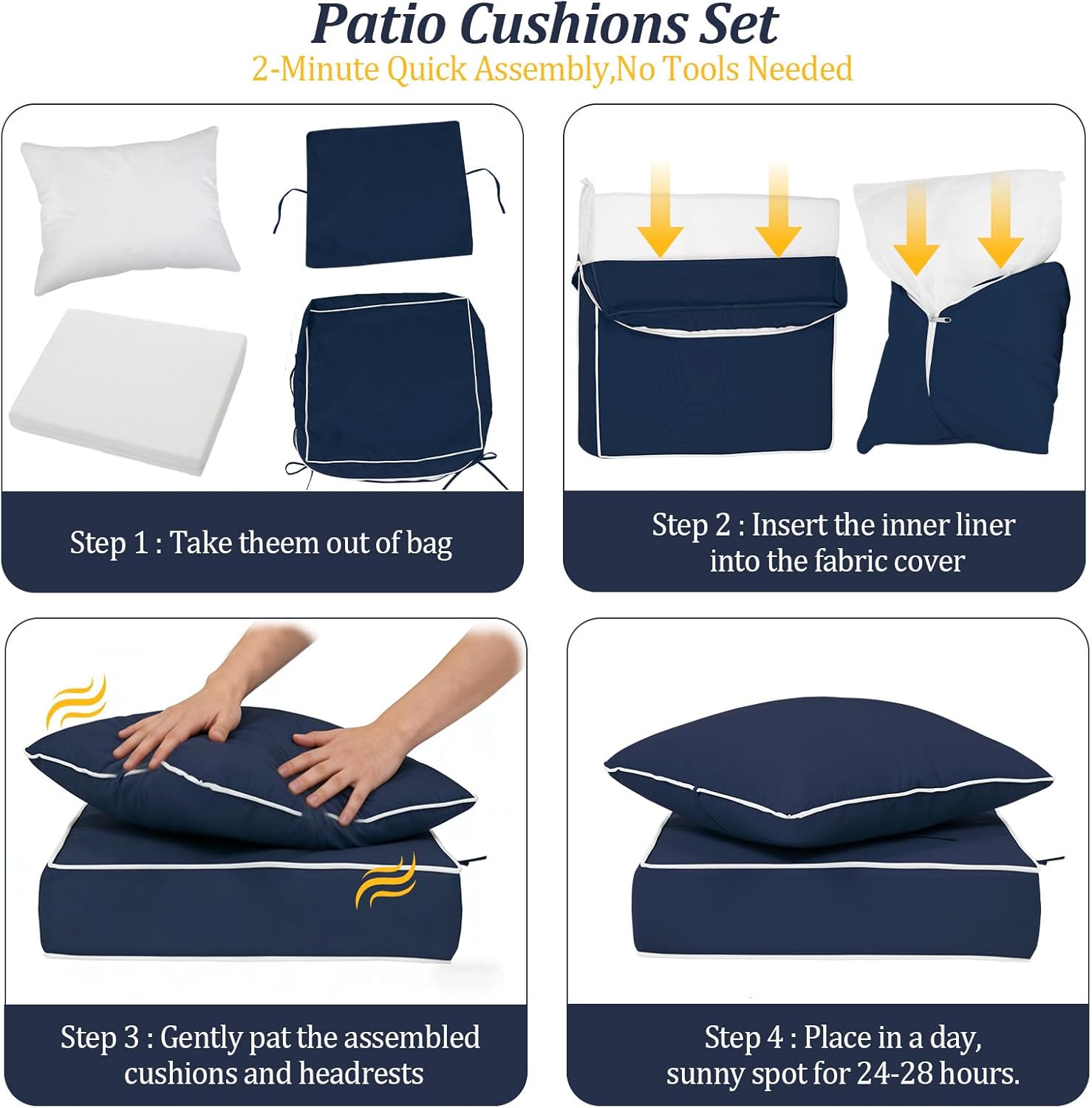 24x28“ Outdoor Deep Seat Cushions Set of 2, Patio Replacement Foam Cushions for Outside Furniture, Waterproof & Fade Resistant Patio Chair Pads, Compatible 24x27”Navy Blue&White Piping