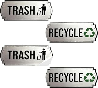 Recycle Stickers for Trash Bins，Trash and Recycle Stickers - 4 Sheets Stainless Steel Color Vinyl Recycling Bin Labels Waterproof Decals Logo Sign for Home Kitchen, Office, Indoor & Outdoor Use