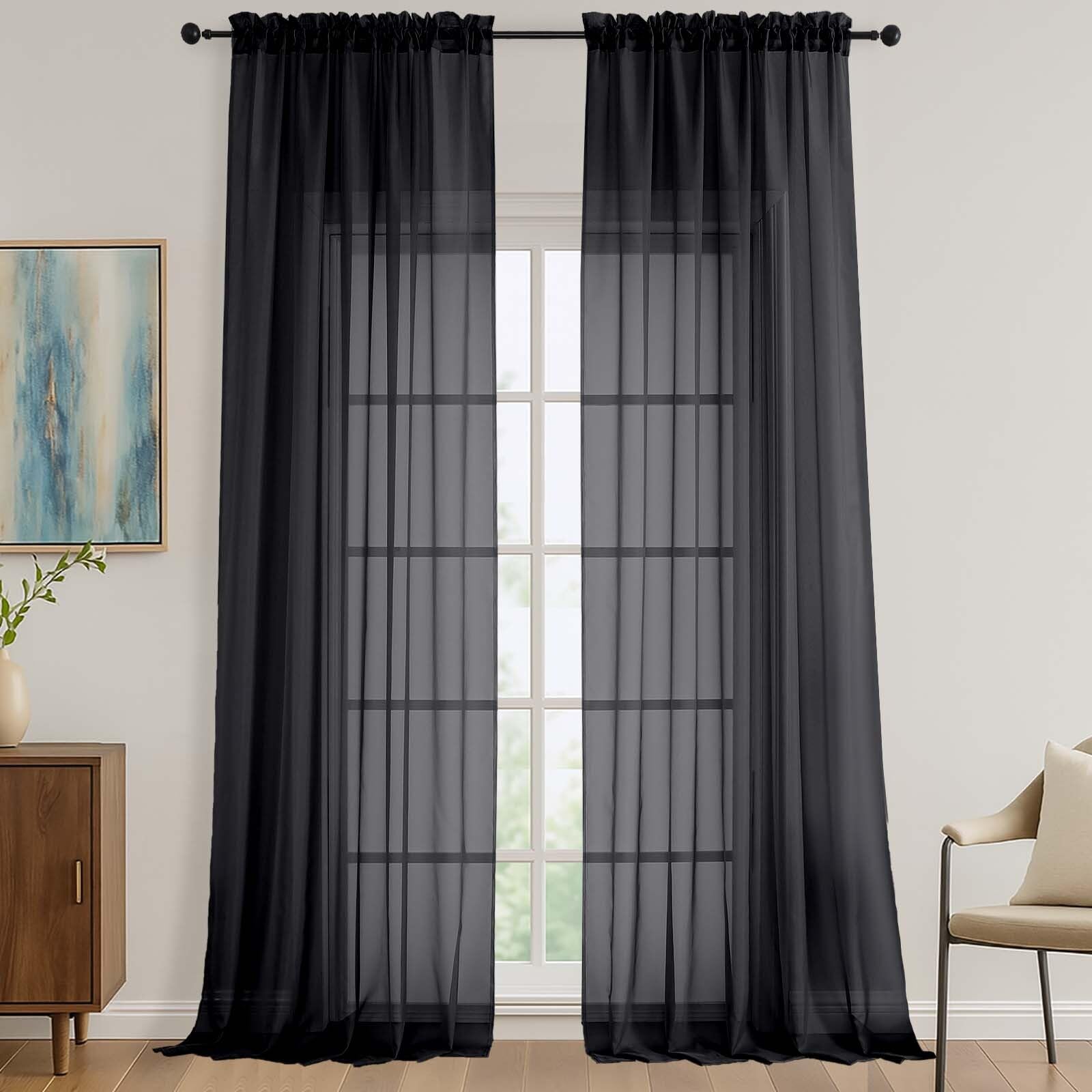 OVZME Black Sheer Curtains 120 Inches Long 2 Panels Set, 59 Inch Extra Wide Soft Airy Lightweight Sheer Curtains for Living Room, Farmhouse Voile Filmy Rod Pocket Drapes, 59Wx120L Inches