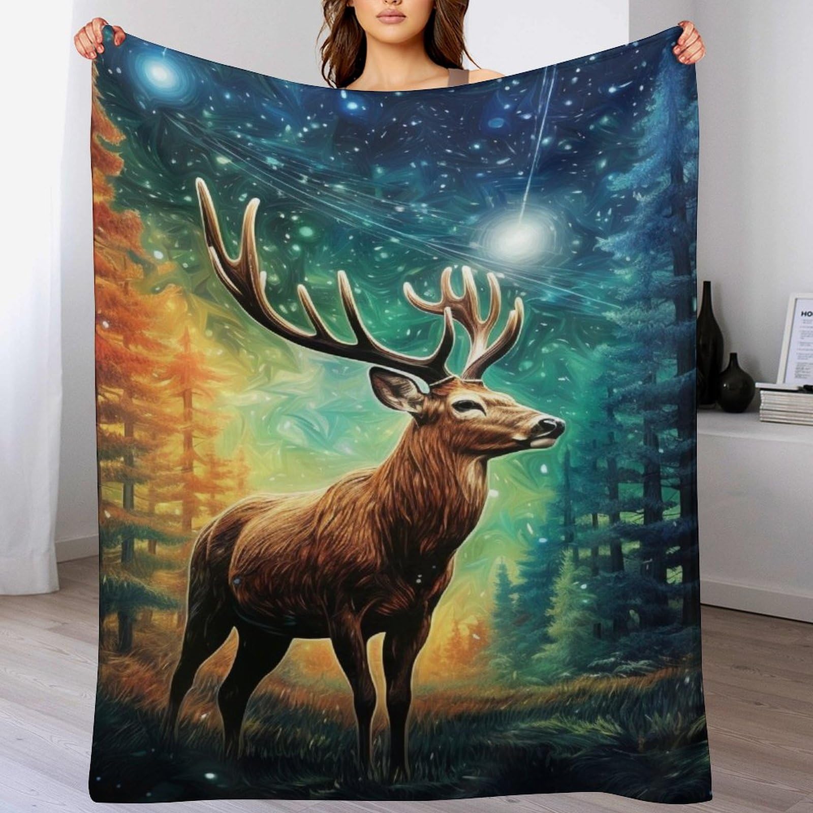 Couverture polaire en flanelle motif cerf comme drap de lit ou housse canapé