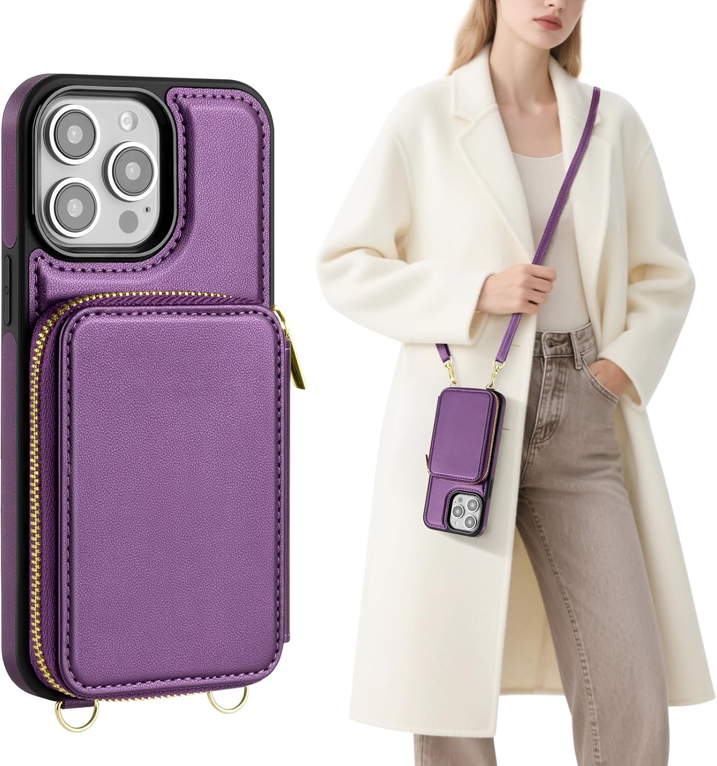 SkyEagle Compatible with iPhone 14 Pro Wallet Case for Women【RFID Blocking】 Crossbody Phone Case PU Leather Zipper Handbag Wrist Strap Cover Credit Card Holder,for Apple 14 Pro 6.1",Purple