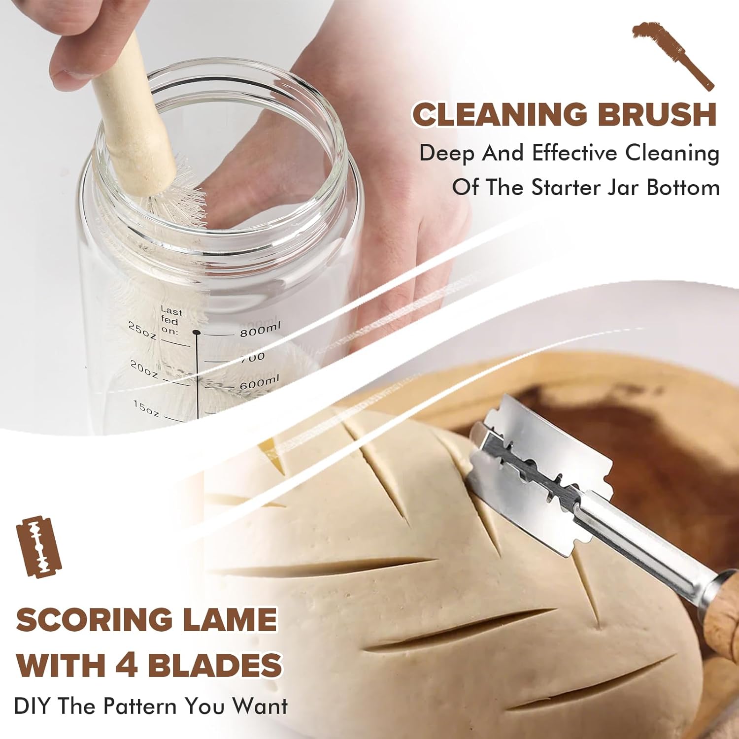 Sourdough Starter Jar Kit, 34 Oz Glass Sour Dough Jars Wide Mouth for Beginners, 10 Pcs Bread Starter Container Set with Acacia Wooden Lid, Glass Jar with Bread Baking Supplies - Image 6