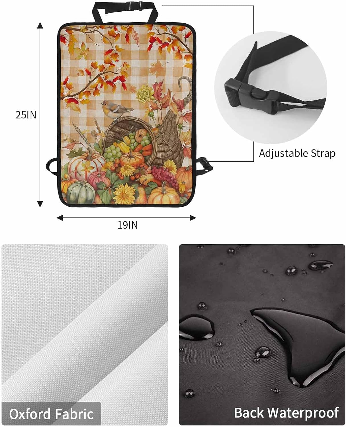Car Seat Protector, 2 Pack Kick Mats Back Seat Protector Fall Watercolor Robin Fruit Basket Maple Leaves Brown Plaid Waterproof Backseat Cover for Kids Universal Fit Automotive Interior Protectors
