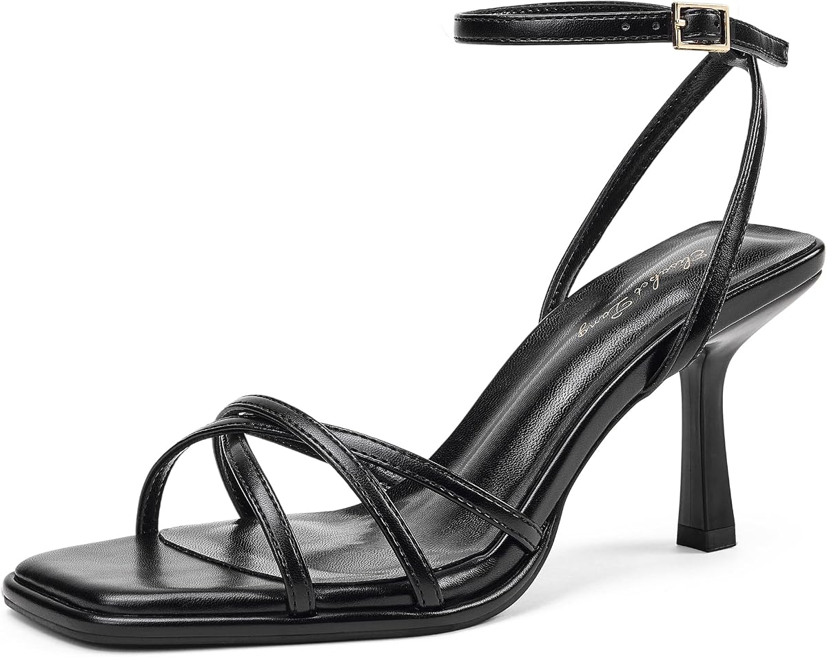 Elisabet Tang Women's 3 Inch Mid Heel Dress Sandals, Square Open Toe Cross-Strappy Comfortable Heeled Sandals with Adjustable Ankle Strap with Buckle