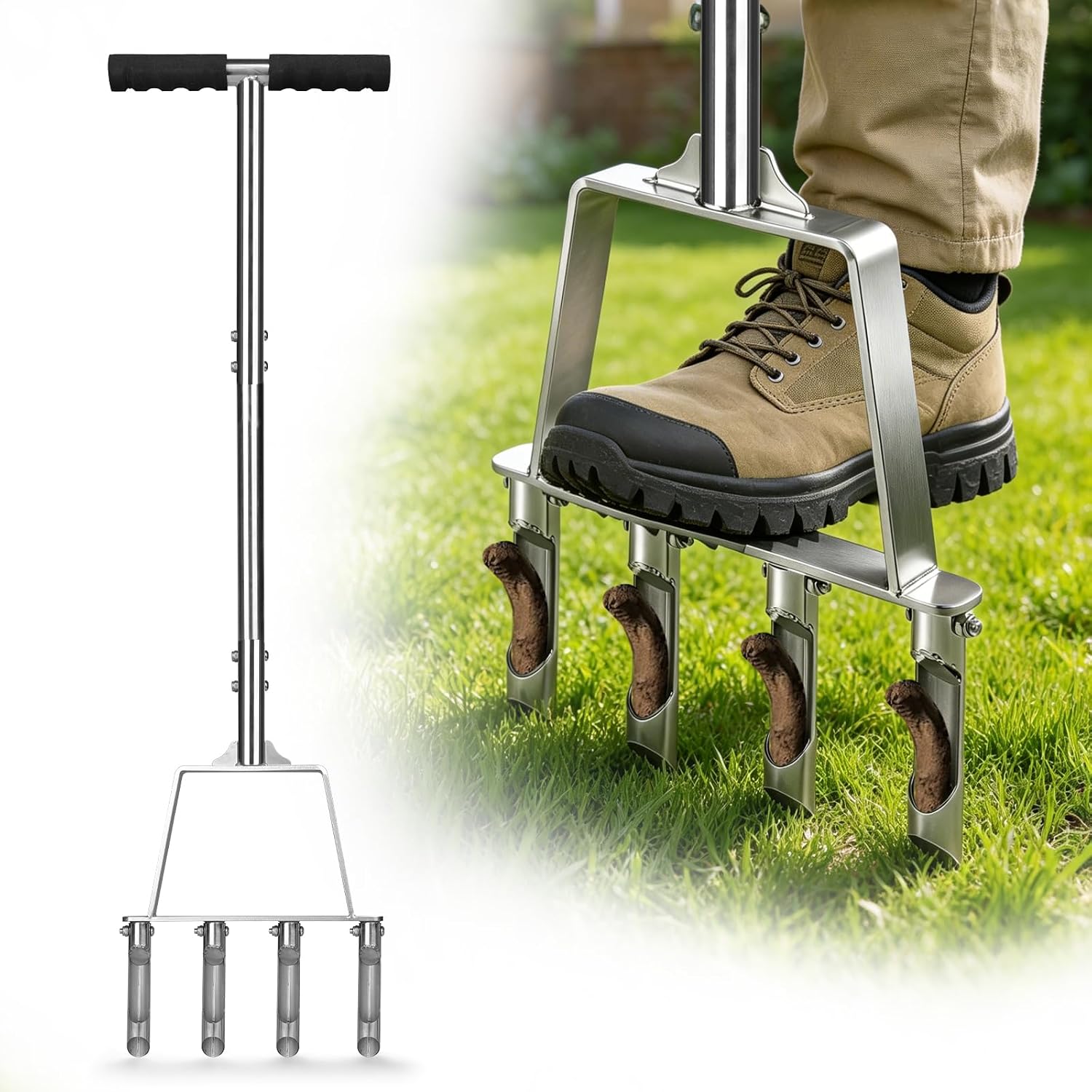 Heavy Duty Steel Manual Lawn Core Aerator Tool 4 Hollow Tines Coring Grass Aerator for Efficient Aeration, Lawn Care, Yard Soil Loosening & Grass Maintenance