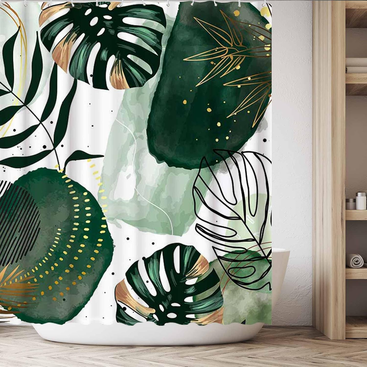 Funnytree Green Chic Abstract Shower Curtain Set with Hooks Boho Leaves Tropical Watercolor Simple Minimalist Fancy Modern Bathroom Bathtubs Decor Washable Durable Fabric 72" X 72"